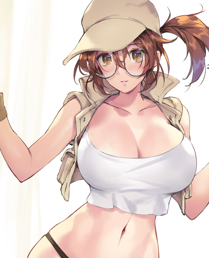 1girl, 1girls, bare arms, bare shoulders, baseball cap, breasts, brown eyes, brown hair, cleavage, crop top, fio germi, fit female, glasses, hair between eyes, hat, hourglass figure, human, human female, large breasts, light-skinned female, long hair, looking at viewer, matsuda (matsukichi), metal slug, midriff, navel, open clothes, open vest, parted lips, ponytail, round eyewear, shirt, sleeveless, sleeveless shirt, slim waist, solo, stomach, upper body, vest, white shirt, wide hips