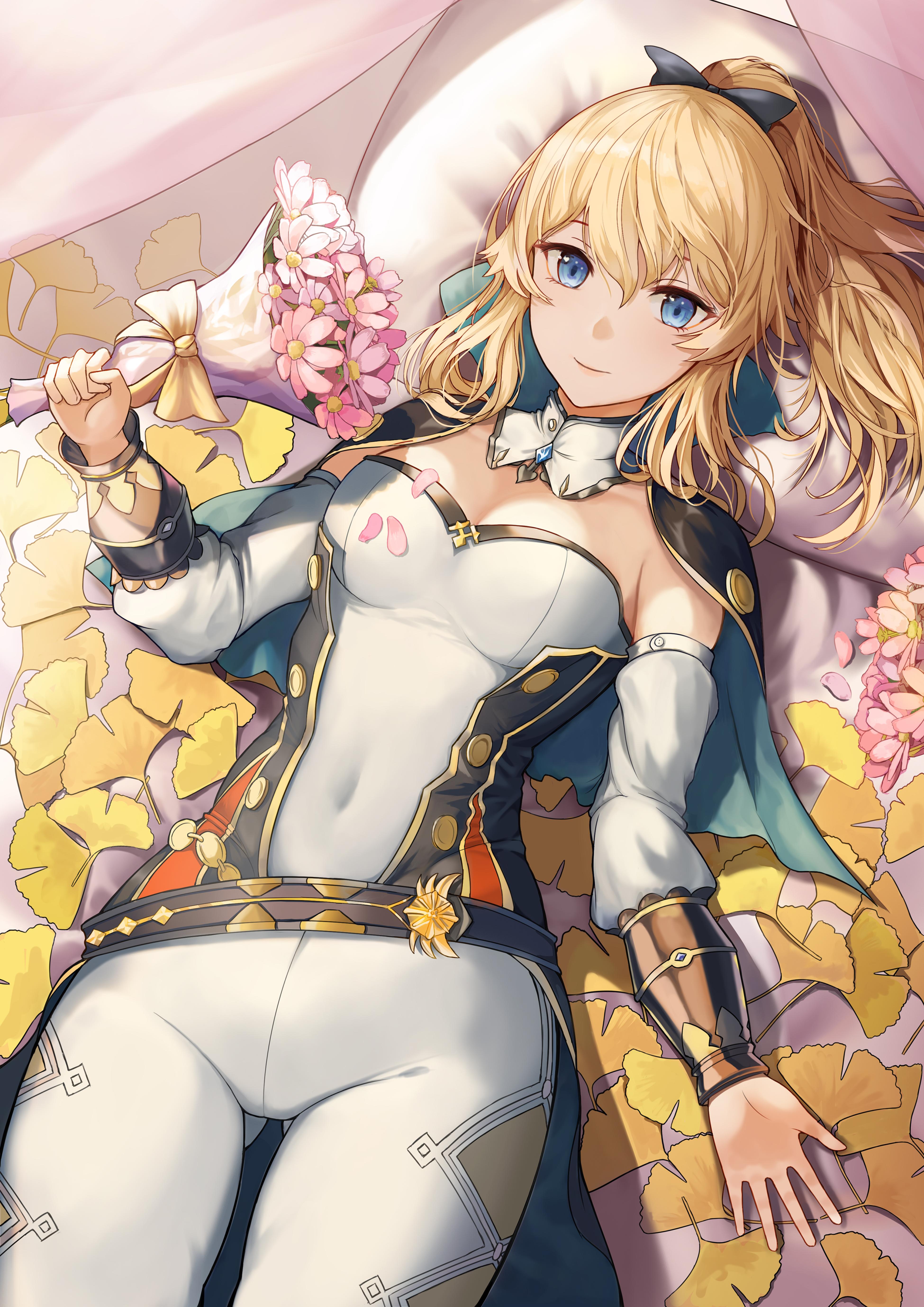 1girls, bangs, bed sheet, blonde hair, blue eyes, bouquet, bow, breasts, cleavage, female, female focus, female only, flower, genshin impact, jean gunnhildr, looking at viewer, lu (ssuel), lying, lying on back, pants, ponytail, sidelocks, smile, solo, solo female, tight clothing, white pants