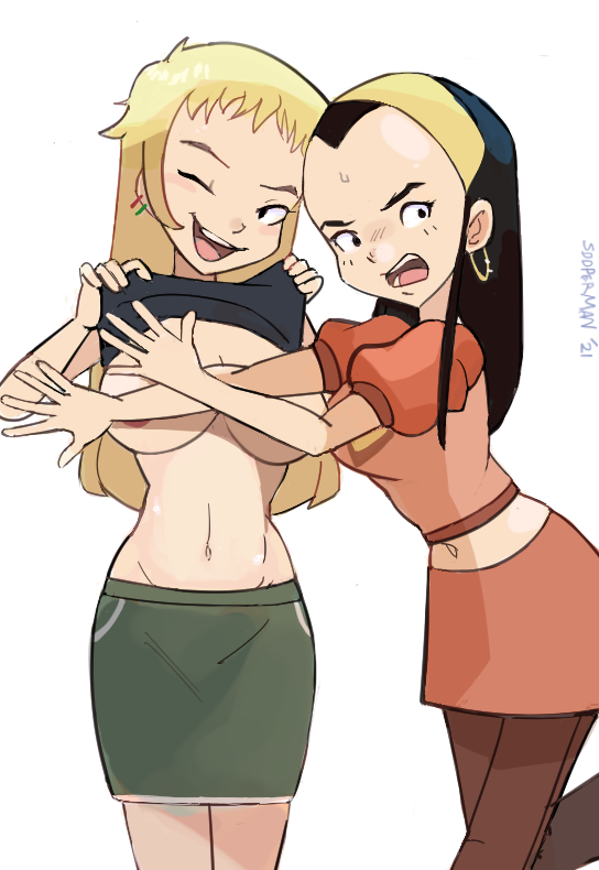 2girls areolae_slip black_hair blonde_hair blush breasts brynja_heringsdötir censored censored_breasts clothes clothing code_lyoko commission covering_another's_breasts covering_breasts earrings elisabeth_delmas female female_only flashing forehead groin happy_female head_tilt hips human light-skinned_female light_skin long_hair looking_at_viewer midriff multiple_females multiple_girls navel no_bra no_bra_under_clothes one_eye_closed open_smile shirt_lift skirt sooperman standing tagme white_background wink winking_at_viewer