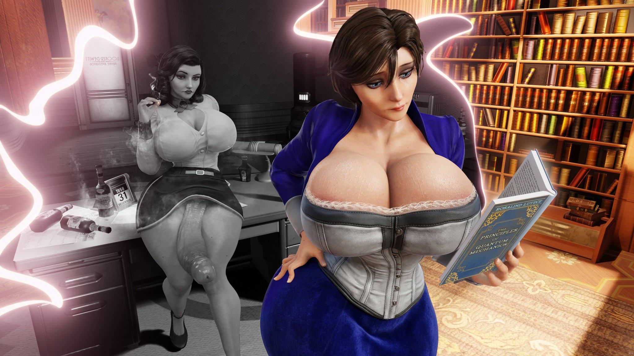 1futa, 1girls, 3d, big breasts, big penis, bimbo, bioshock, bioshock infinite, breasts, burial at sea, cleavage, elizabeth comstock, elizabeth comstock (burial at sea), female, futanari, hand on hip, hourglass figure, huge breasts, huge cock, hyper, hyper breasts, hyper penis, jarri34, penis, penis out, penis under skirt, reading, reading book, wide hips