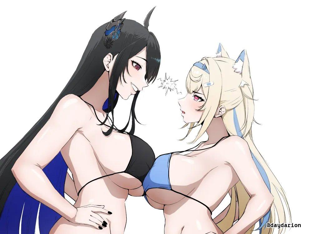2d, 2d (artwork), 2d artwork, 2girls, adult, adult female, animal ear fluff, animal ears, bare armpits, bare arms, bare belly, bare chest, bare hands, bare midriff, bare shoulders, bare skin, belly, big boobs, big breasts, bikini, bikini only, bikini top, black bikini, black bikini top, black hair, black horn, black horns, black swimsuit, black swimwear, black-haired female, blonde, blonde female, blonde hair, blonde hair female, blonde-haired female, blue bikini, blue bikini top, blue fingernails, blue hair, blue hairband, blue nail polish, blue nails, blue swimsuit, blue swimwear, blue-haired female, breast press, breast press on chest, breast squeeze, breasts, breasts press, breasts pressed against another, breasts pressed against partner, breasts pressed together, busty, busty female, busty girl, dayyo (daydarion/day-chan), digital, digital art, digital drawing, digital drawing (artwork), digital media, digital media (artwork), drawing, duo, elbows, exposed, exposed armpits, exposed arms, exposed belly, exposed chest, exposed midriff, exposed shoulders, exposed skin, female, female focus, female only, fingernails, fingers, fuwawa abyssgard, grin, grinning, grinning at another, grinning at partner, hairband, half naked, half nude, halterneck, hololive, hololive english, horn, horns, inframammary fold, large boobs, large breasts, lean figure, long hair, looking down, looking down at another, looking down at partner, looking up, looking up at another, looking up at partner, mature, mature female, midriff, multicolored hair, multiple females, multiple girls, nail polish, nails, naked, naked female, naked woman, narrow waist, nerissa ravencroft, nude, nude female, nudity, parted lips, partially undressed, pink eyes, pink-eyed female, pressing breast on partner, pressing breasts, pressing breasts together, profile, pushing breasts together, pushing breasts up, red eyes, red-eyed female, rubbing breasts, semi nude, shoulders, sideboob, sidelocks, simple background, slender body, slender waist, slim female, slim waist, smile, smiley face, smiling, smiling at another, smiling at partner, smug grin, squeezing breast, squeezing breasts, squeezing breasts together, standing, string bikini, swimsuit, swimwear, underboob, upper body, very long hair, very long hair female, virtual youtuber, vtuber, vtuberfanart, white background