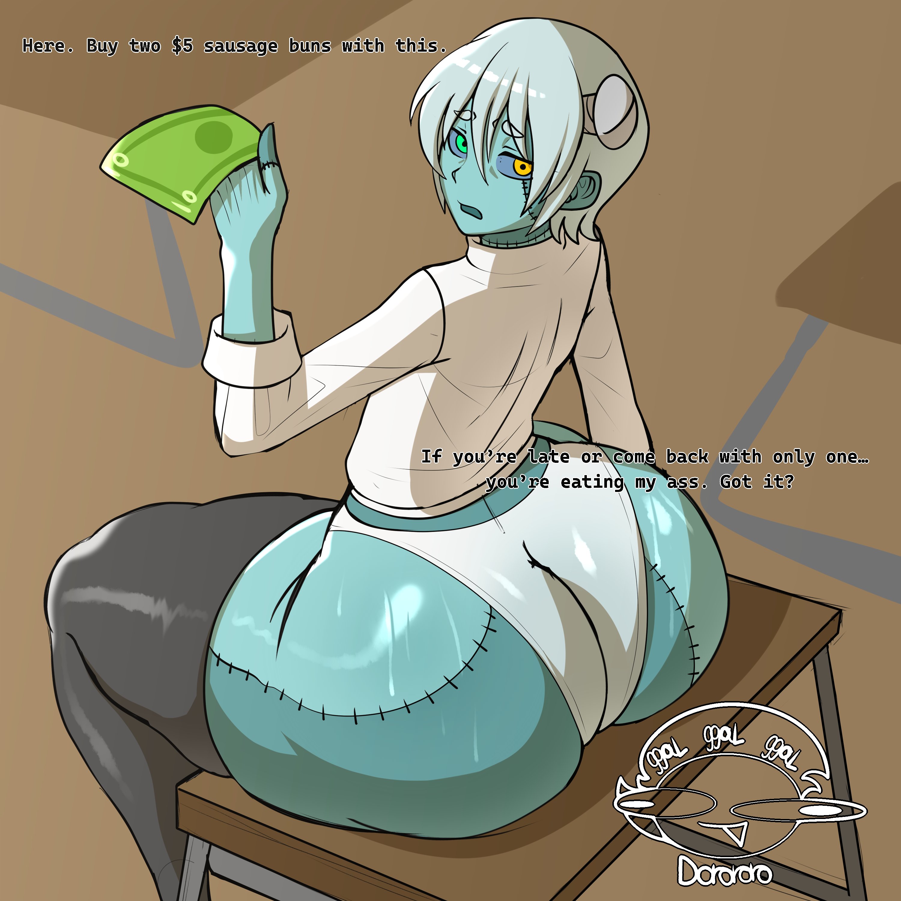 1boy, 1boys, 1femboy, alternate version at source, alternate version available, ass, ass bigger than head, ass bigger than torso, ass focus, ass sweat, asymmetrical eyes, big ass, big ass (male), big butt, big thighs, blue skin, bolt on head, bribe, bribing, bully, butt, butt bigger than head, butt bigger than torso, butt focus, butt sweat, crossdressing, da ra ra ra, dialog, dialogue, english text, femboy, femboy ass, femboy butt, femboy only, heterochromia, huge ass, huge butt, huge thighs, large ass, large butt, large thighs, looking at viewer, looking back, male, male ass, male butt, male only, no skirt, panties, short hair, sitting on desk, solo, solo femboy, solo male, stitched body, stitched face, stitches, sweaty ass, sweaty butt, talking to viewer, thigh highs, thighhighs, threat, threatening, threatening viewer, visible panties, visible underwear, white panties, zombie