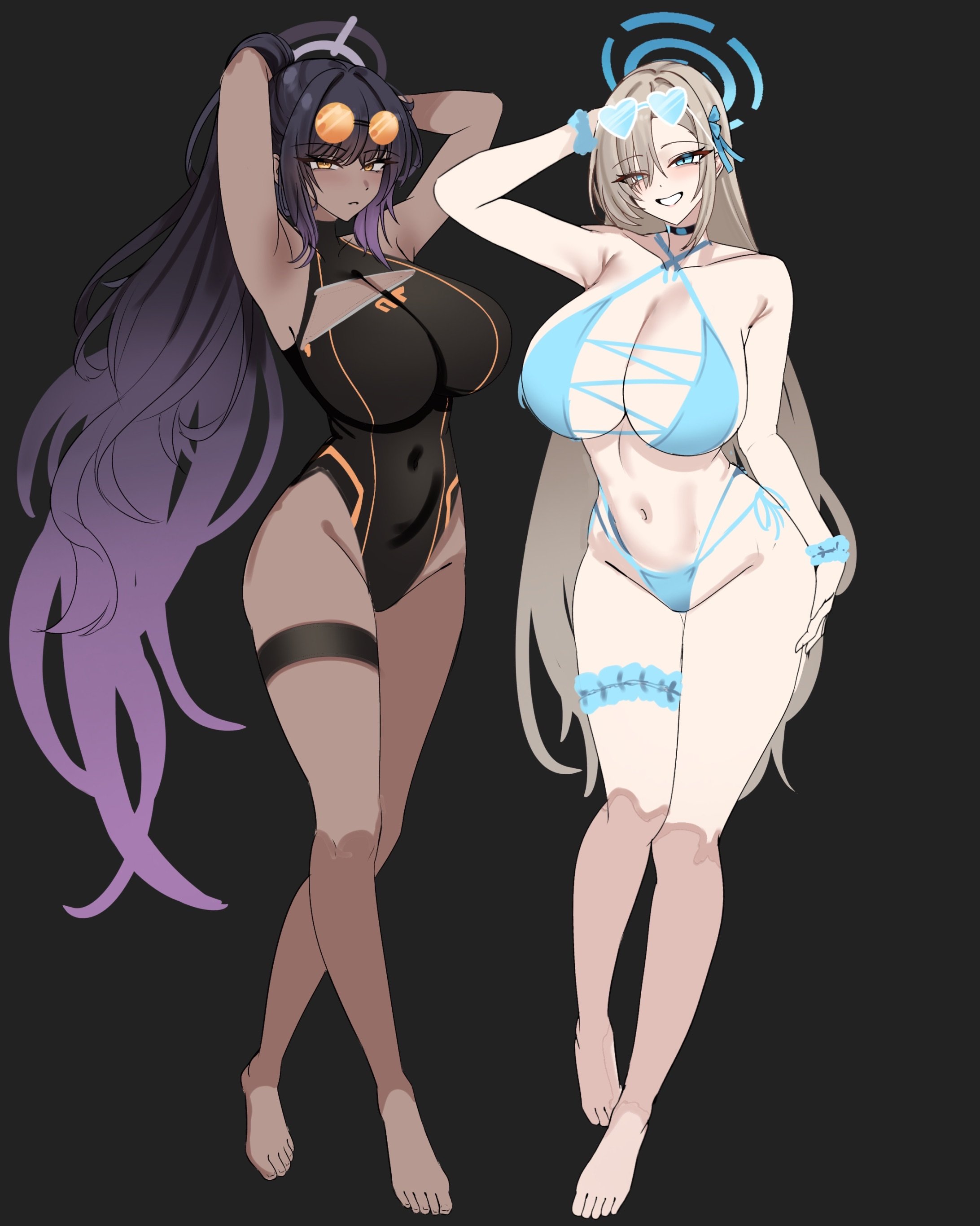 2girls, armpits, asuna (blue archive), bangs, big breasts, blonde hair, blue archive, busty, busty female, curvy, curvy female, dark-skinned female, feet, hair over one eye, hand on hip, hands in hair, karin (blue archive), lengkuass, long hair, long legs, pale-skinned female, purple hair, soles, swimsuits, thick thighs, v line, wide hips