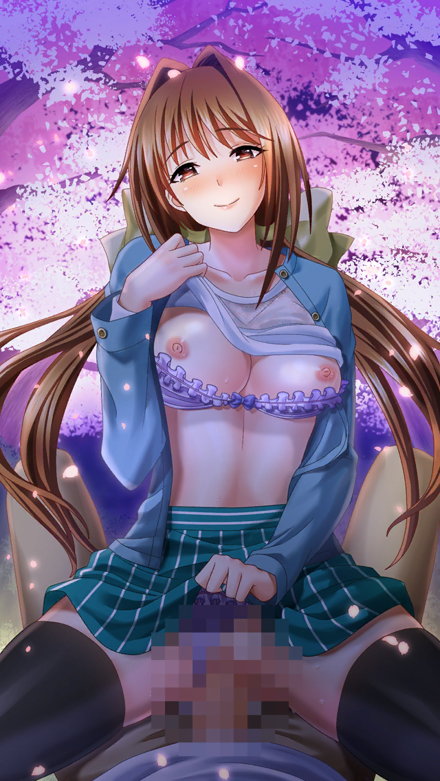 1boy aqua_skirt bangs black_legwear blue_jacket bow bra bra_pull breasts brown_eyes brown_hair censored cherry_blossoms closed_mouth clothes_pull collarbone cowgirl_position doukyuusei_another_world eyebrows_visible_through_hair female floating_hair frilled_bra frilled_panties frills game_cg hair_between_eyes hairbow half-closed_eyes head_tilt jacket kakyuusei_2 large_breasts lifted_by_self long_hair long_sleeves looking_at_viewer low_twintails miniskirt nipples official_art open_clothes open_jacket outdoors panties panties_aside penis pov purple_bra purple_panties saimon_tamaki sex shiny shiny_hair shiny_skin shirt shirt_lift skirt skirt_lift smile spring_(season) straddling straight striped thighhighs twintails underwear vaginal_penetration vertical-striped_skirt vertical_stripes very_long_hair white_shirt yellow_bow