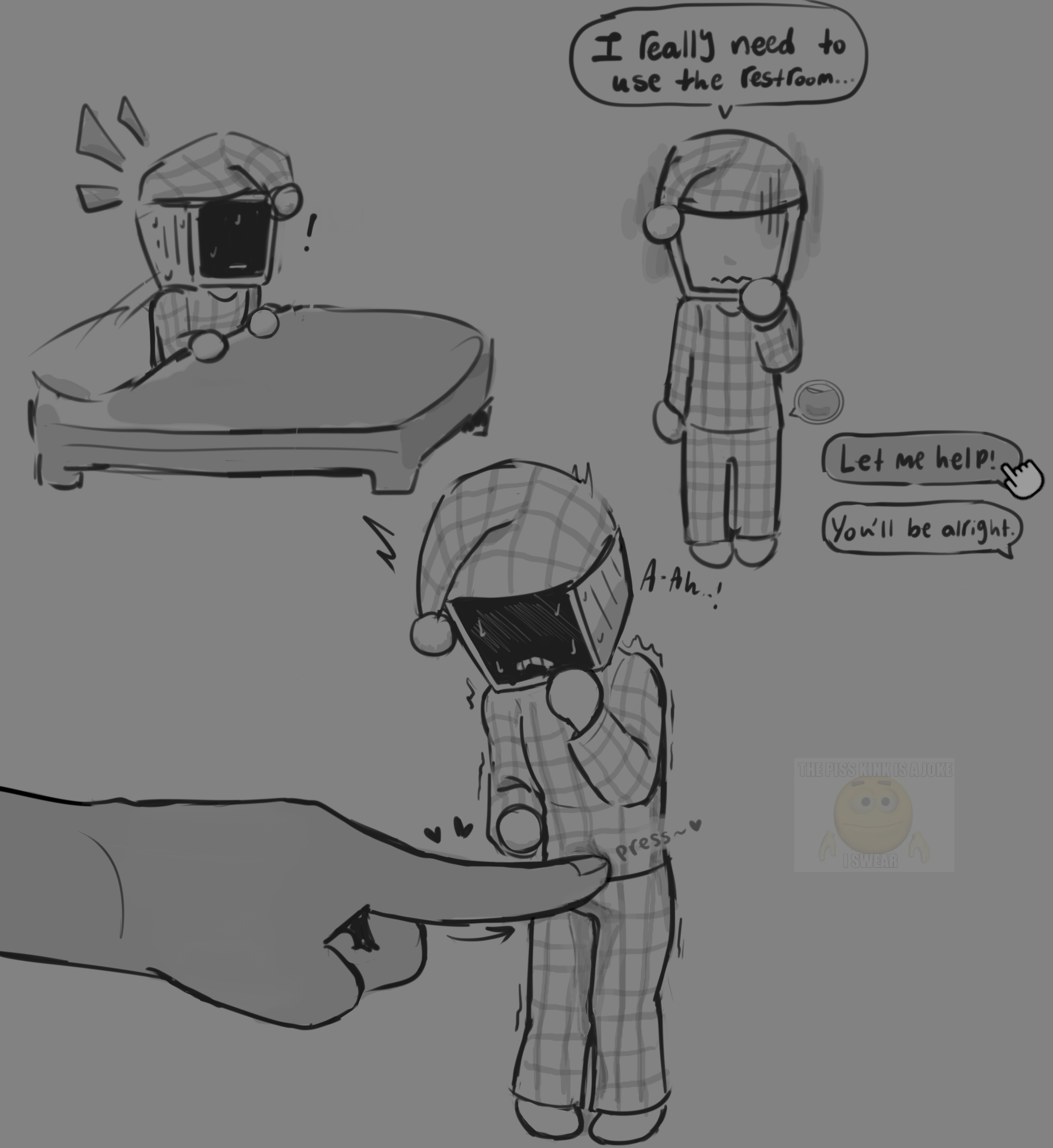 bladder press, blush, blushing, chibi, deltarune, embarrassed, embarrassed male, grayscale, greyscale, hearts, humiliated, humiliation, nintendo, object head, omorashi, piss, pissing, sarrwrr, speech bubble, tenna (deltarune), text, tomodachi life, tomodachi life: living the dream, tv, tv head, wetting self