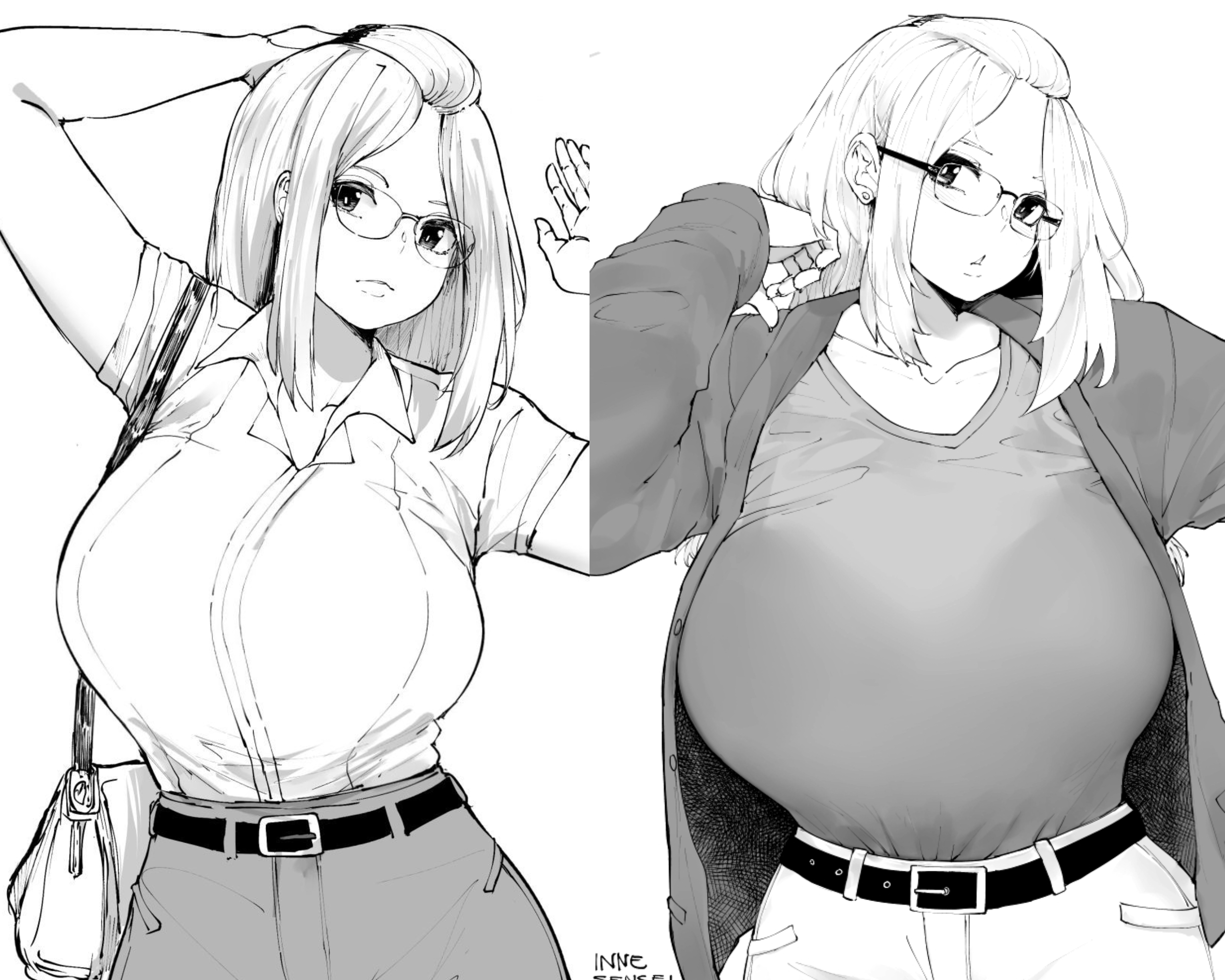 1girl, before and after, breast expansion, breast growth, breasts, breasts bigger than head, bursting breasts, clothes, curvy, expansion, gigantic breasts, glasses, growth, highres, huge breasts, inne sulistya robin, large breasts, norman maggot, original, see-through clothes, simple background, third-party edit, weight gain, white background