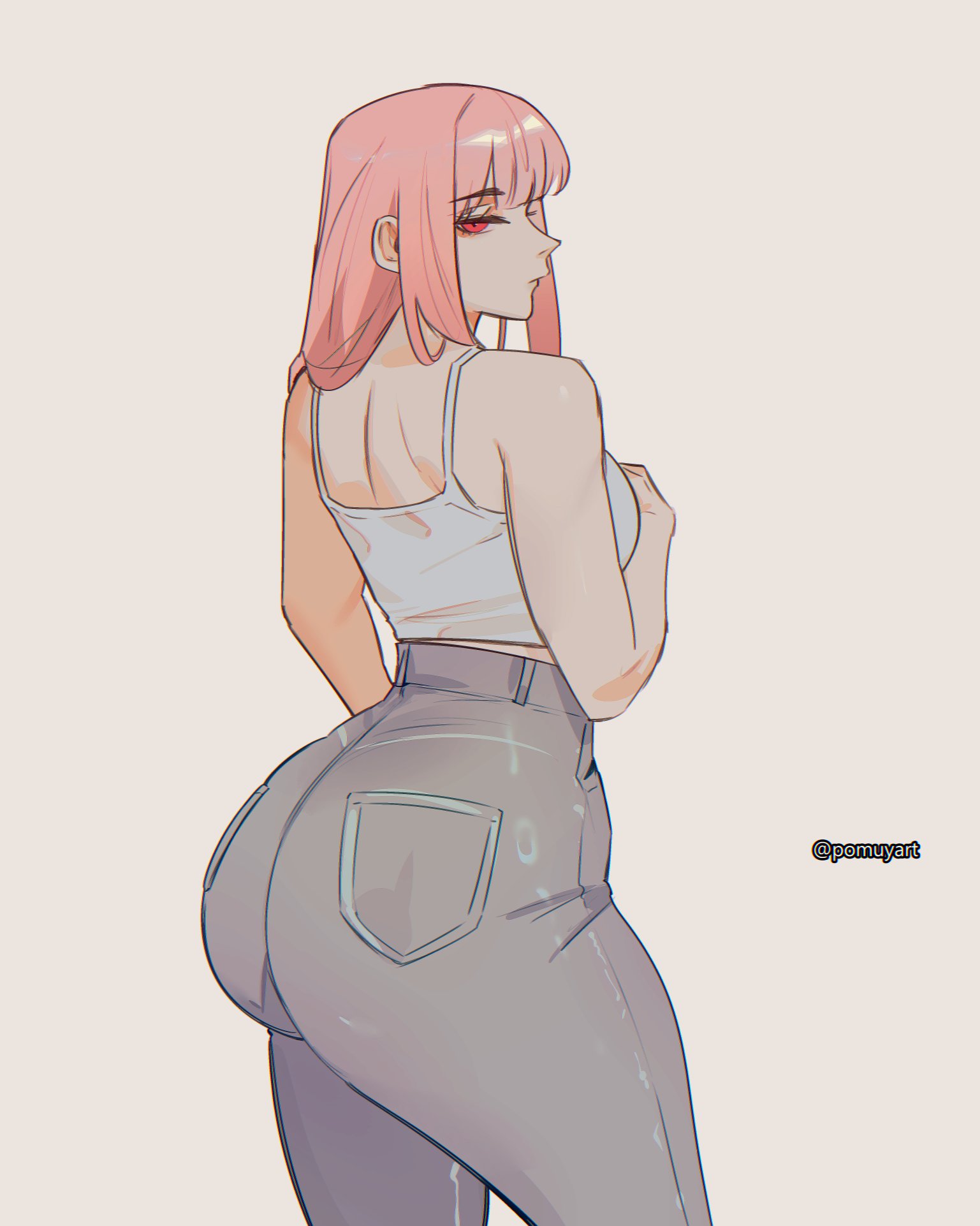 1girls, apple butt, ass, baby blue clothing, back view, baggy clothing, big ass, clothed, clothed female, clothing, content, dat ass, female, footwear, full body, fully clothed, fully clothed female, gluteal fold, grey jeans, high-waist pants, highleg, highleg jeans, highleg pants, hololive, hololive english, hololive myth, huge ass, jeans, legs, light skin, light-skinned female, limited color, limited palette, long ass, looking at viewer, looking back, looking to the side, mori calliope, narrowed eyes, pink clothing, pink hair, pink hoodie, plain background, png, pomuya, rear view, red eyes, solid color background, solo, tank top, thick ass, thick thighs, thighs, tight clothes, tight clothing, tight jeans, viewed from behind, virtual youtuber, vtuber, watermark