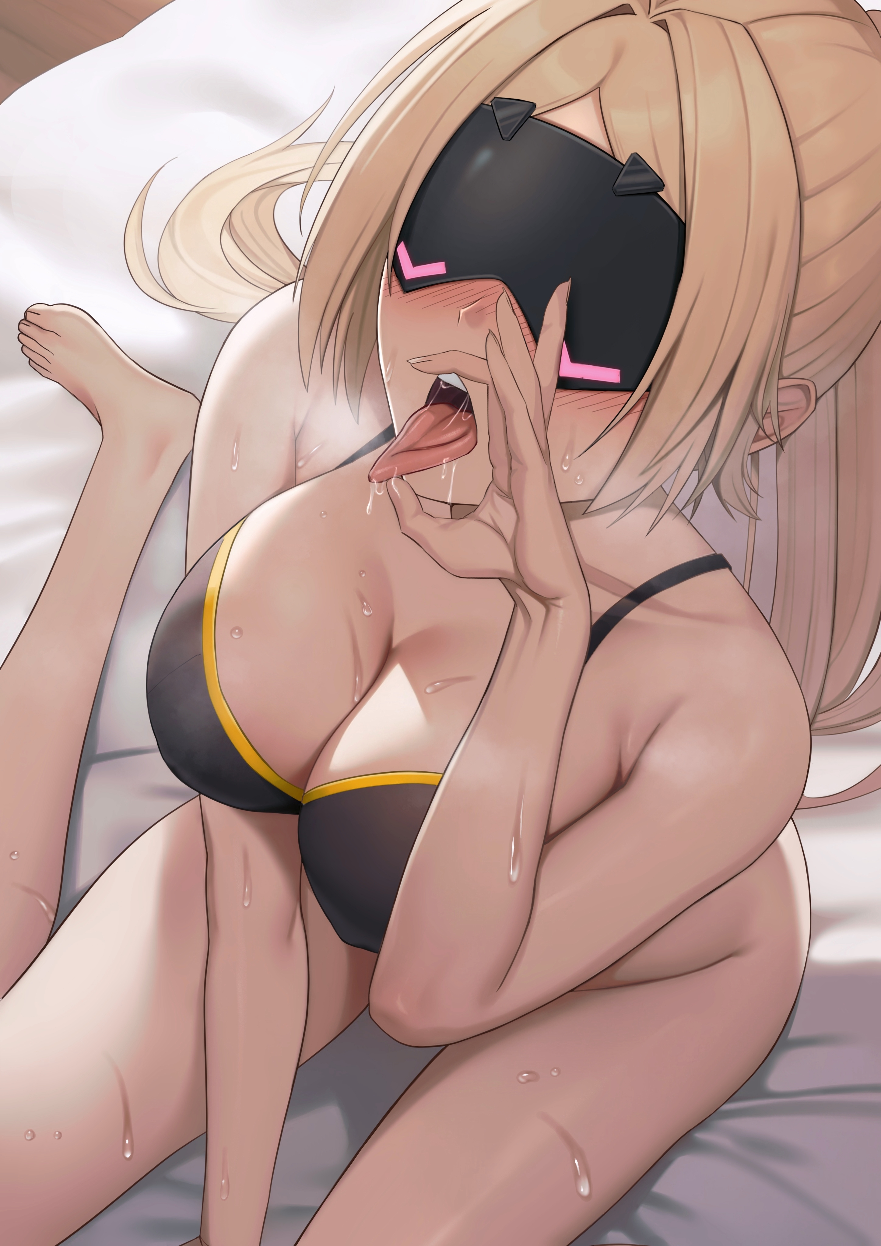 1girls, blonde hair, blushing, fellatio gesture, hi res, highres, huge ass, huge breasts, long hair, sweat, tounge out, trigger (zenless zone zero), zenless zone zero