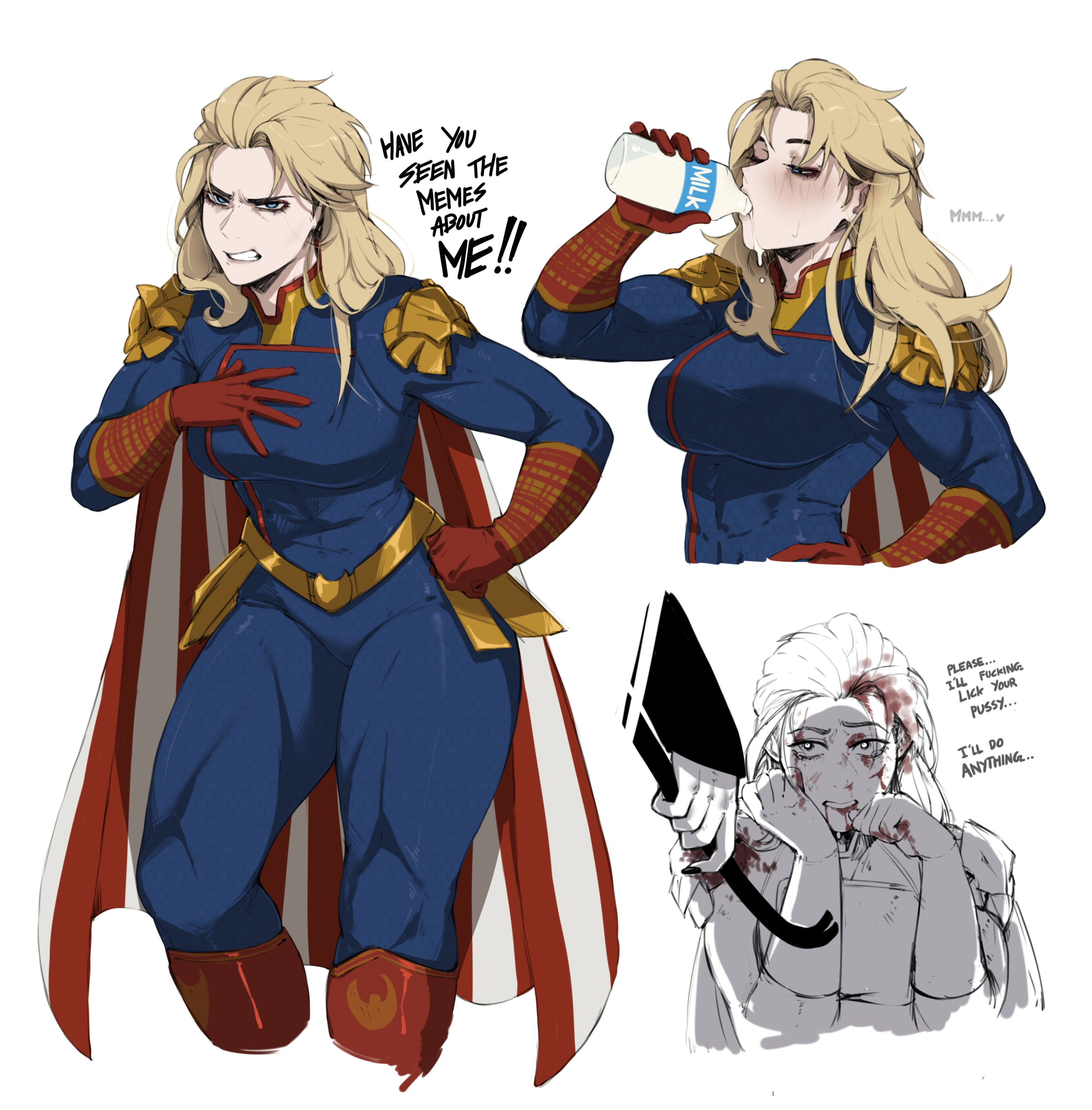 1girls, begging, begging for life, begging for mercy, big breasts, blonde hair, blood, blood on face, blue eyes, breasts, canonical scene, closed eyes, clothed, clothed female, color, dialogue, drinking, drinking milk, english text, female, female focus, female only, femlander, femsub, fully clothed, genderswap, genderswap (mtf), homelander, i'll fucking suck your dick (meme), light skin, looking at partner, looking at viewer, masoq095, milk, milk bottle, muscular, muscular female, open eyes, open mouth, rule 63, simple background, submissive female, superhero costume, superheroine, tagme, talking to viewer, text, the boys, thick thighs, toned, toned female, twitter link, white background, wide hips