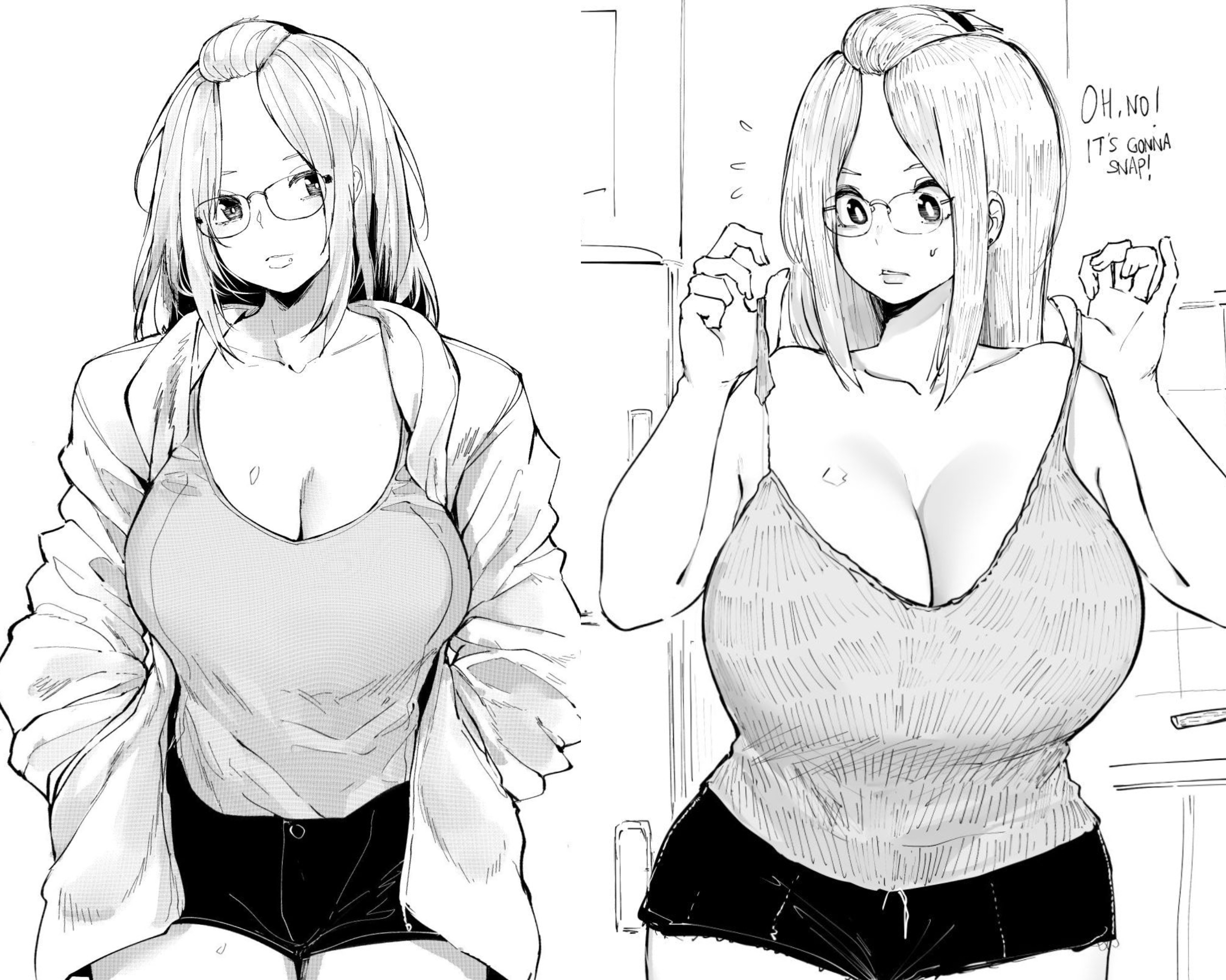 1girl, before and after, breast expansion, breast growth, breasts, breasts bigger than head, bursting breasts, cleavage, curvy, expansion, gigantic breasts, growth, highres, huge breasts, inconvenient breasts, inne sulistya robin, large breasts, norman maggot, original, third-party edit, torn clothes, weight gain