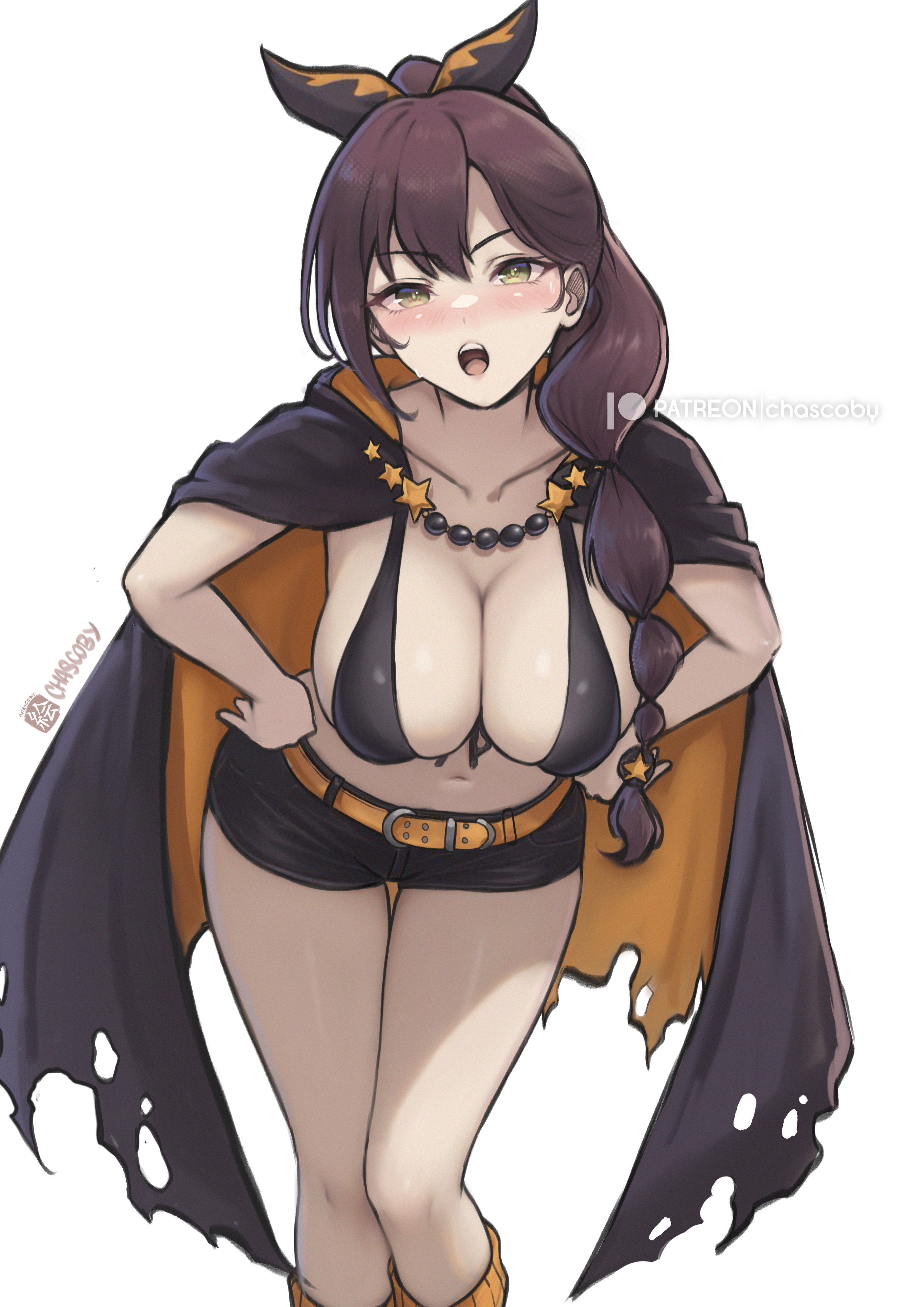 , 1girls, belly, belly button, belly cutout, belly fetish, belly outline, big breasts, blush, blushing, blushing at viewer, blushing female, braided hair, breasts, brown hair, chascoby, coat, crossed legs, green eyes, hair ornament, hi res, hips, hips wider than shoulders, hourglass figure, hourglass figured female, knees, legs, long hair, midriff, midriff cutout, midriff exposed, midriff peek, midriff showing, navel, navel cutout, navel fetish, navel line, navel outline, orange coat, perfect anatomy, perfect body, perfect boobs, re:zero kara hajimeru isekai seikatsu, red pupils, round breasts, scorpion tail, seducing, seduction, seductive, seductive body, seductive eyes, seductive gaze, seductive look, seductive pose, sexy body, shaula (re:zero), shorts, slender, slender body, slender build, slender waist, slim body, slim female, slim figure, slim girl, slim torso, slim waist, suggestive, suggestive look, suggestive posing, thick thighs, thighs, tied hair, torso shot, tummy, wide hipped female, wide hips