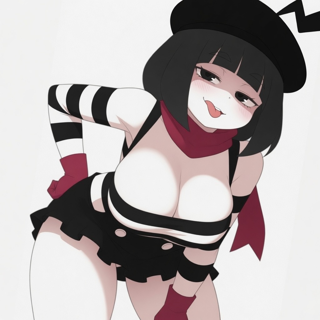 1girls, big breasts, bonbon (derpixon), cleavage, clothed, female, female only, godilovebutts, leaning forward, light skin, light-skinned female, mime, mime and dash, mime girl, skirt, solo, solo female, tagme, tongue out