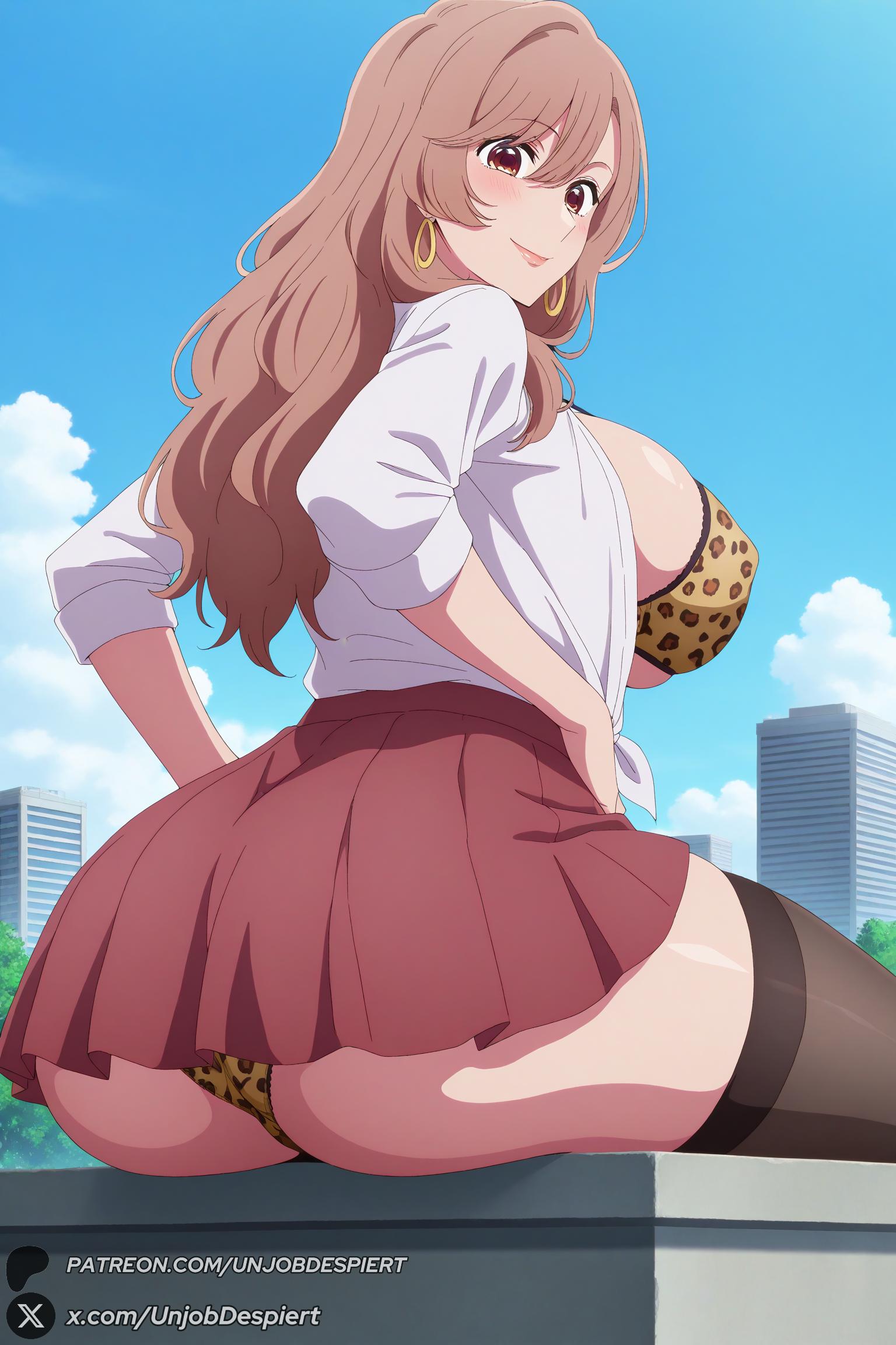 1female, 1girl, 1girls, 2026, ai generated, animal print, artist name, ass, bangs, big ass, big breasts, bikini, black thighhighs, blue sky, blush, bra, breasts, brown eyes, brown hair, building, closed mouth, cloud, curvy, day, earrings, female, female only, from behind, hair between eyes, hi res, high quality, high resolution, highres, hoop earrings, huge ass, huge breasts, jewelry, large breasts, leopard print, long hair, looking at viewer, looking back, open clothes, open shirt, oshi no ko, outdoors, panties, patreon, patreon username, pleated skirt, print bra, red skirt, saitou miyako, school uniform, shirt, sideboob, sitting, skirt, sky, sleeves rolled up, smile, solo, thighhighs, thighs, underwear, unjobdespiert, watermark, white shirt