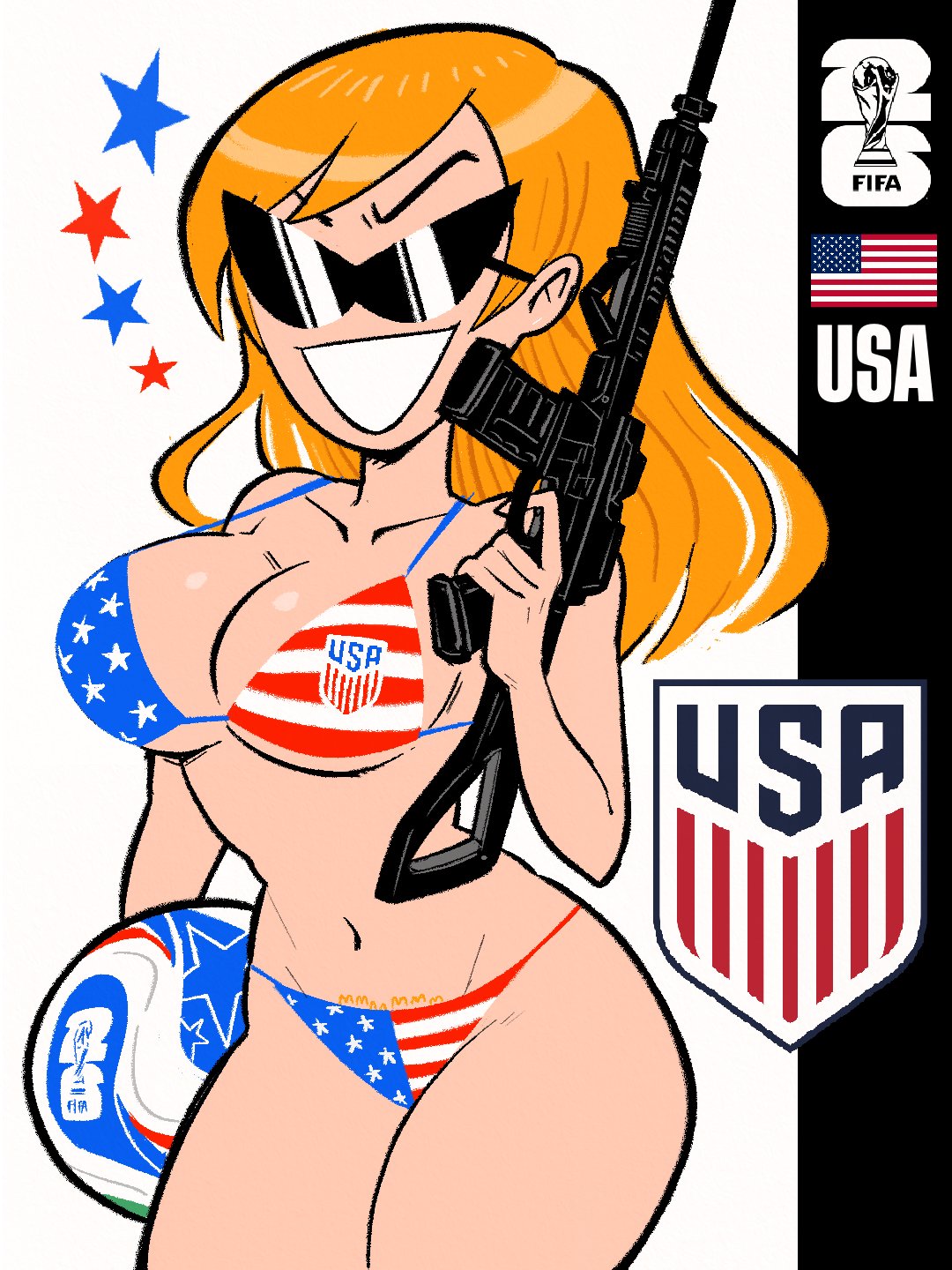 atomiksaico, bikini, blonde hair, breasts, fifa, gun, holding, holding object, large breasts, long hair, national personification, navel, original, original character, pubic hair, slim waist, smile, sunglasses, tagme, thick thighs, united states of america, voluptuous, wide hips, world cup