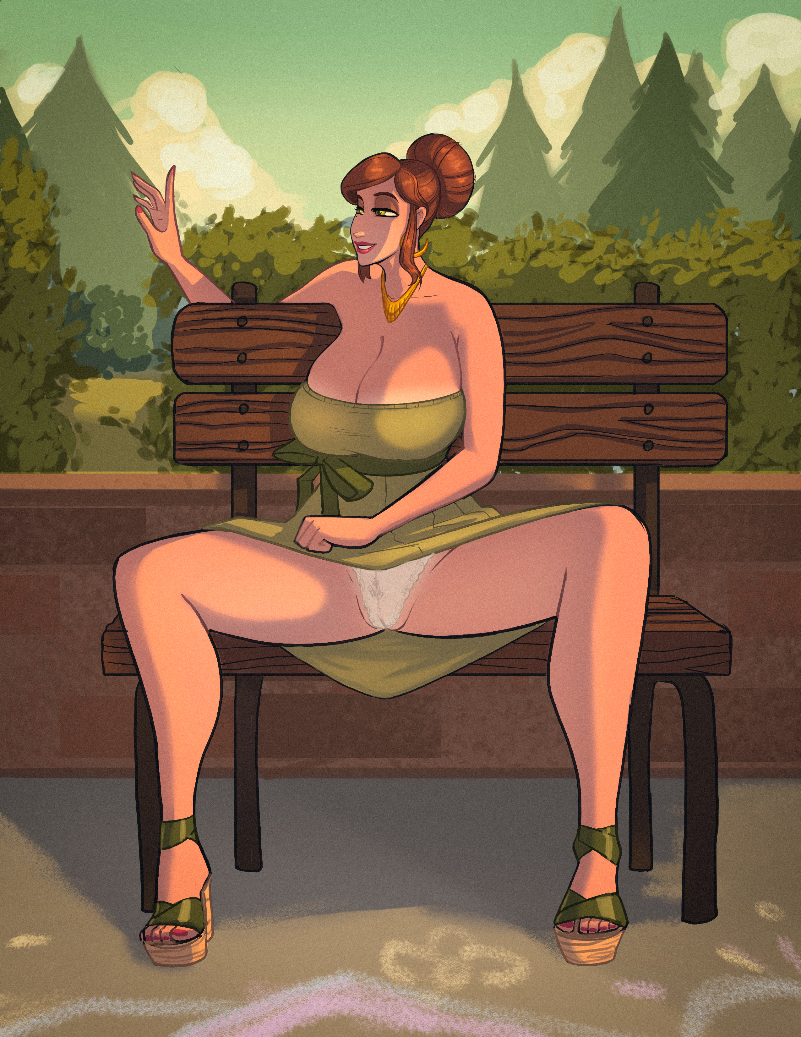 1girls, absurdres, big breasts, breasts, brown hair, cleavage, female, female only, green eyes, highres, large breasts, mature, mature female, milf, panties, pantyshot, pantyshot (sitting), pubic hair, pubic hair visible through clothing, pussy, see-through clothing, solo, spread legs, sweet sarah's sweetest adventures, thedirtymonkey, upskirt, veronica sweet
