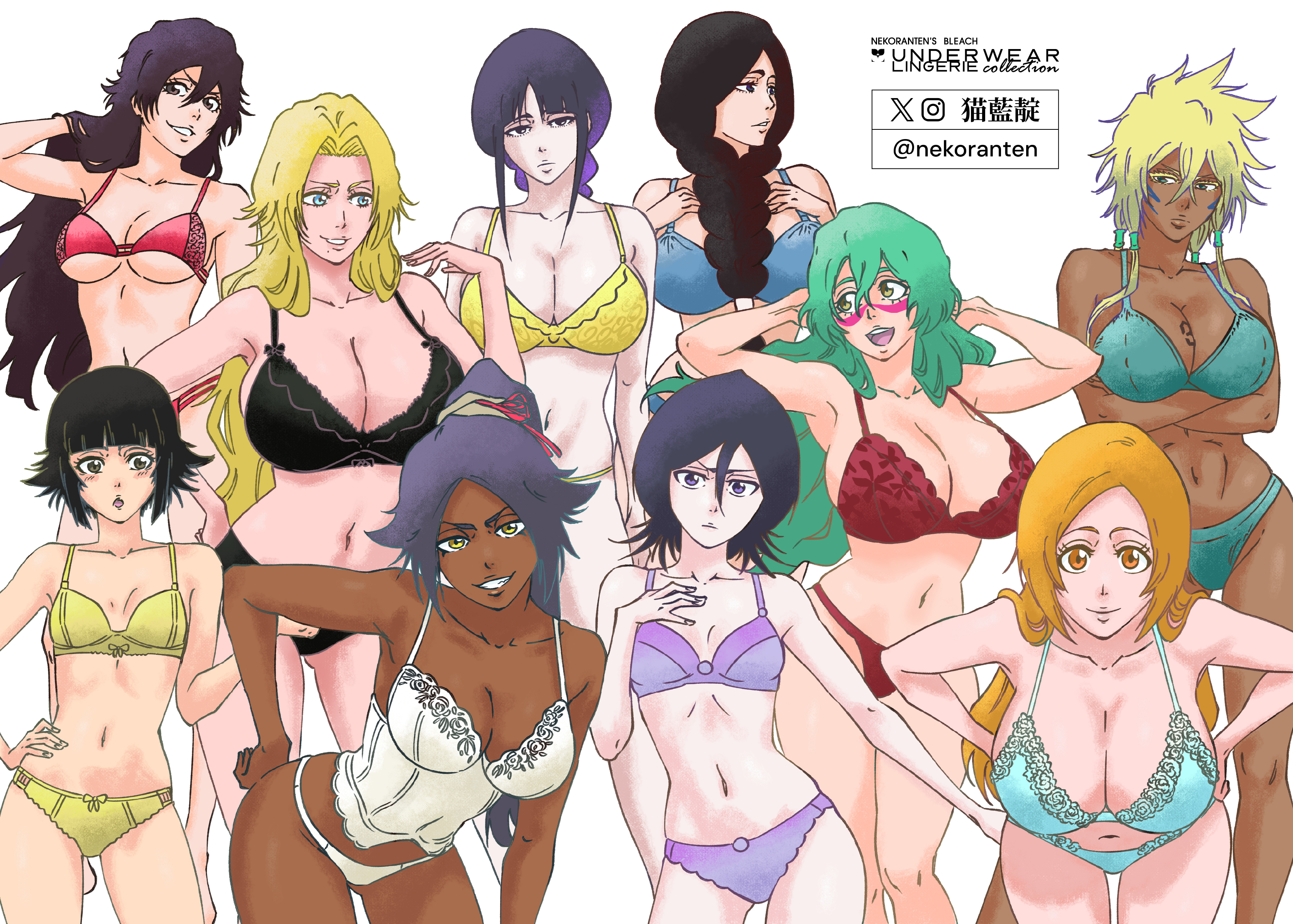 10girls, 6+girls, bambietta basterbine, big ass, bikini, bleach, bleach: the thousand-year blood war, blonde hair, boobs, bra, breast size difference, breasts, dark skin, dark-skinned female, fat breasts, flat belly, flat chest, flat chested, gigantic breasts, green eyes, green hair, huge breasts, inoue orihime, kuchiki rukia, kurotsuchi nemu, lace-trimmed bra, large breasts, light-skinned female, lingerie, looking at viewer, multiple girls, navel, nekoranten, nelliel tu odelschwanck, number, number tattoo, orange hair, panties, quincy bitch, rangiku matsumoto, soifon, sui-feng, take your pick, thick thighs, tia harribel, tier harribel, underwear, unohana retsu, white skin, wide hips, yoruichi shihouin
