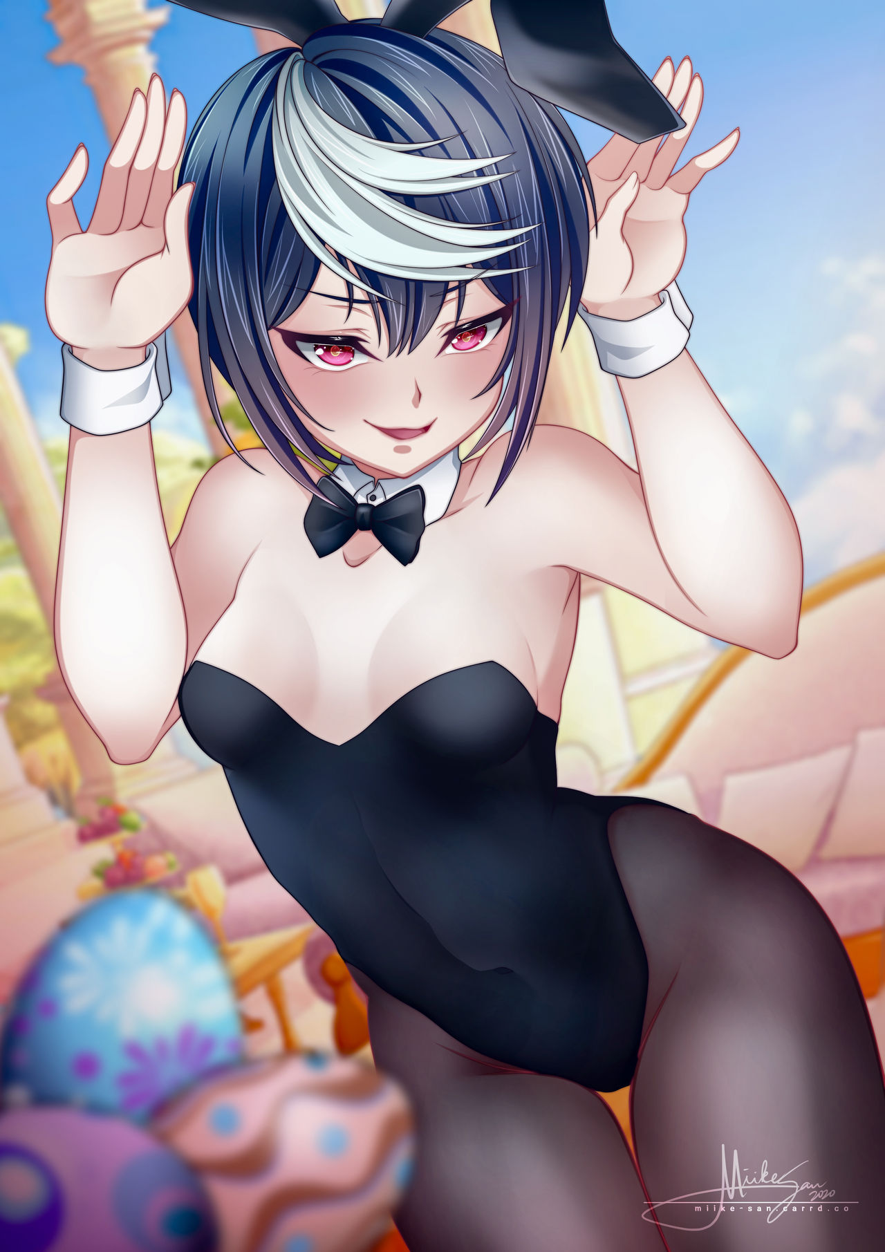 1girls, ariel (kumo desu ga nani ka?), bare shoulders, black hair, breasts, bunny costume, bunnysuit, cleavage, cuffs (clothing), female, kumo desu ga nani ka?, playboy bunny, short hair, shoulders, skin tight, small breasts, smile, smiling, smiling at viewer, solo female, tagme, thighs, tights, two-tone hair