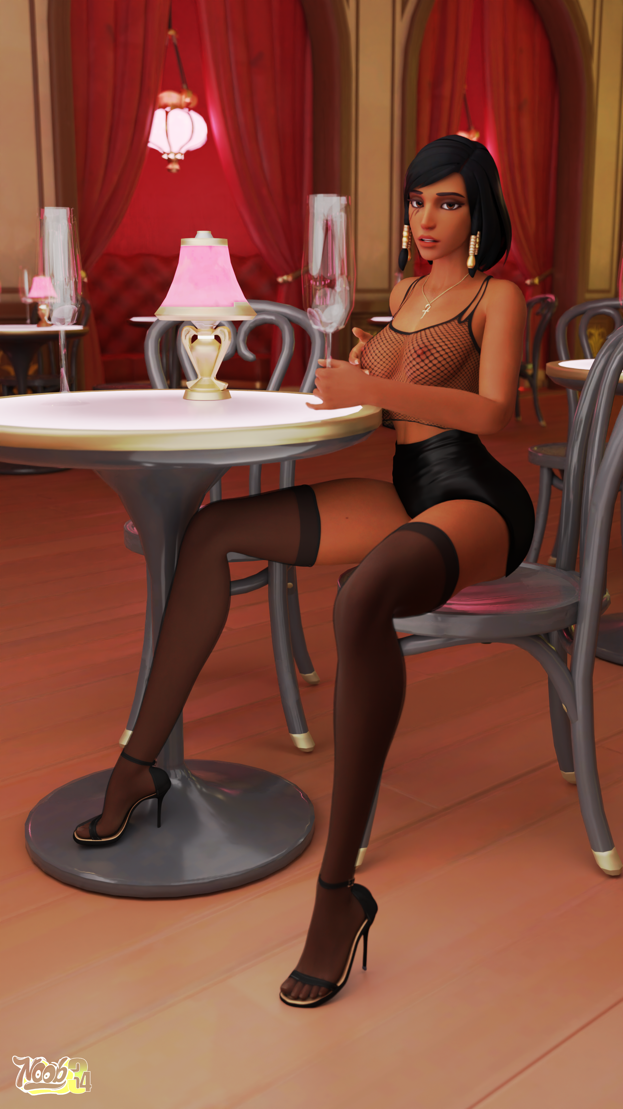1girls, 3d, bare shoulders, black hair, boots, dark skin, dark-skinned female, earrings, eyelashes, eyeshadow, female, female only, fishnet shirt, fishnets, high heels, hourglass figure, jewelry, long boots, looking at viewer, medium hair, nipples, noob34, overwatch, pharah, see-through, see-through clothing, short shorts, stockings, thighhighs, wine glass