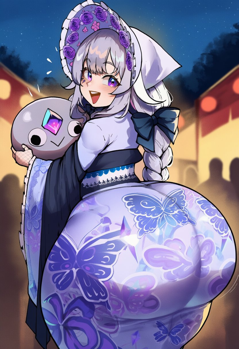, 1girls, ai generated, ameanon, ass, ass bigger than head, ass bigger than torso, big ass, bottom heavy, braid, braided ponytail, colossal ass, enormous ass, fully clothed, gray hair, grey hair, hololive, hololive english, hololive english -advent-, huge ass, in public, kimono, koseki bijou, outside, pebble (koseki bijou), purple eyes, shortstack, tagme, thick thighs, virtual youtuber, vtuber, wide hips