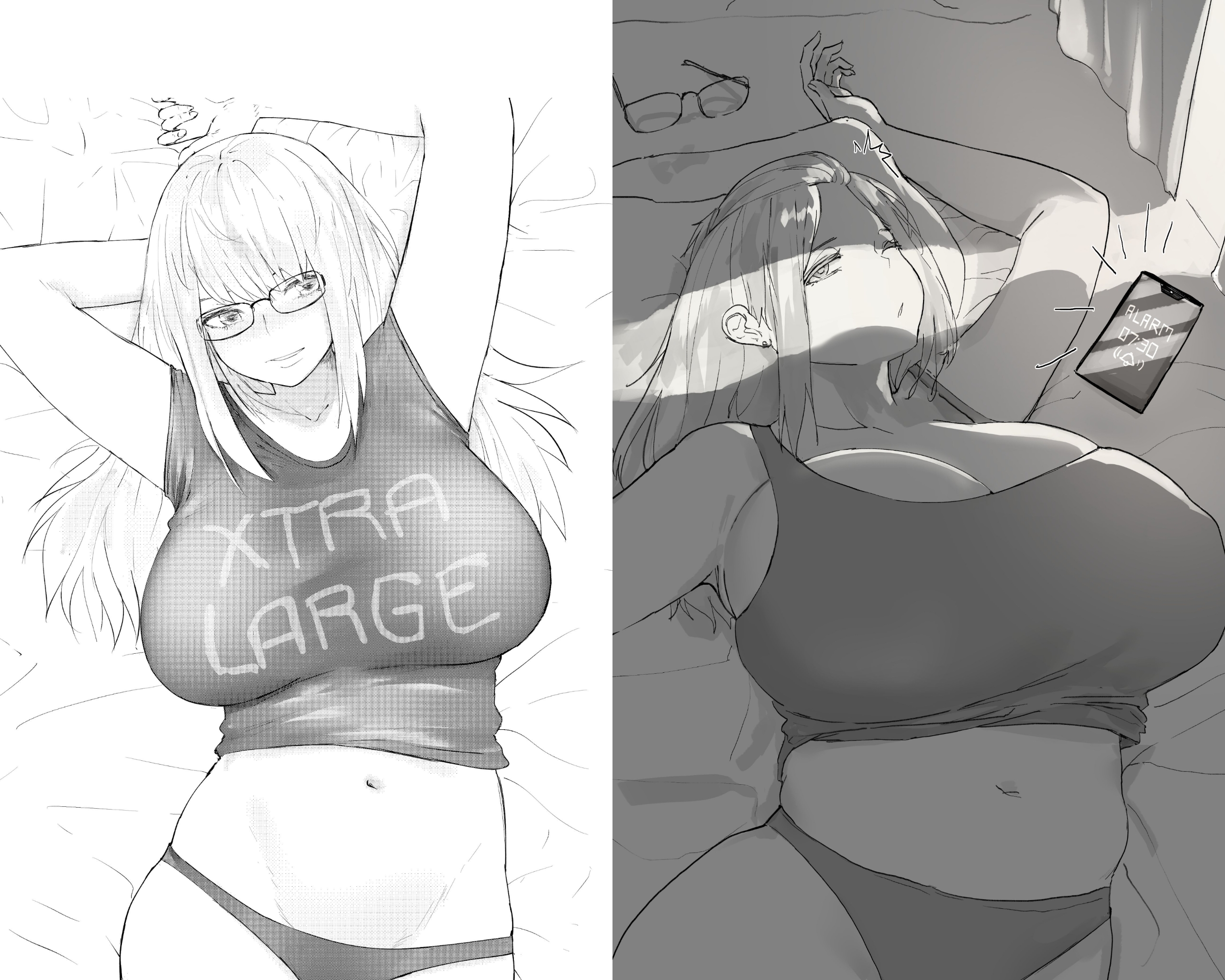 1girl, 2d, before and after, blush, breast expansion, breast growth, breasts, breasts bigger than head, bursting breasts, cleavage, curvy, expansion, female, female only, gigantic breasts, growth, growth drive, growth sequence, highres, huge breasts, inne sulistya robin, large breasts, no bra, norman maggot, original, size difference, third-party edit, weight gain
