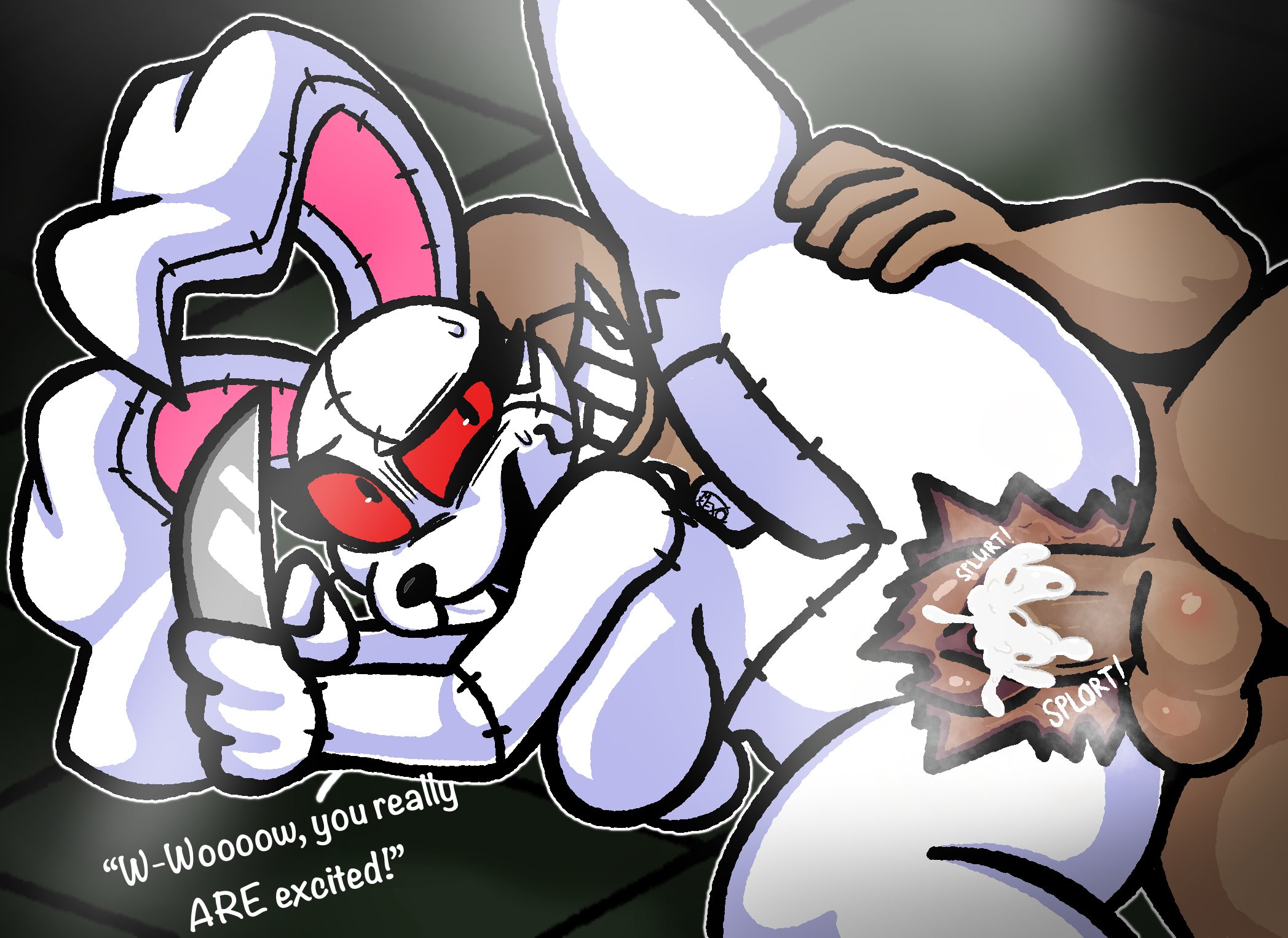 1boy, 1girls, big breasts, black eyes, breasts, bunny costume, bunny ears, clothed female, costume, cum, cum in pussy, cum inside, dark skin, dark-skinned female, dark-skinned male, dialogue, english text, female, five nights at freddy's, five nights at frickbears, five nights at frickbears 3, holding knife, holding object, knife, leg up, male, megaexo, nude male, open mouth, penis, pussy, red sclera, ripped clothing, sex, straight, sweat, sweatdrop, tagme, vaginal penetration, vannabelle (frickbears 3), vanny (fnaf), vanny (frickbears)