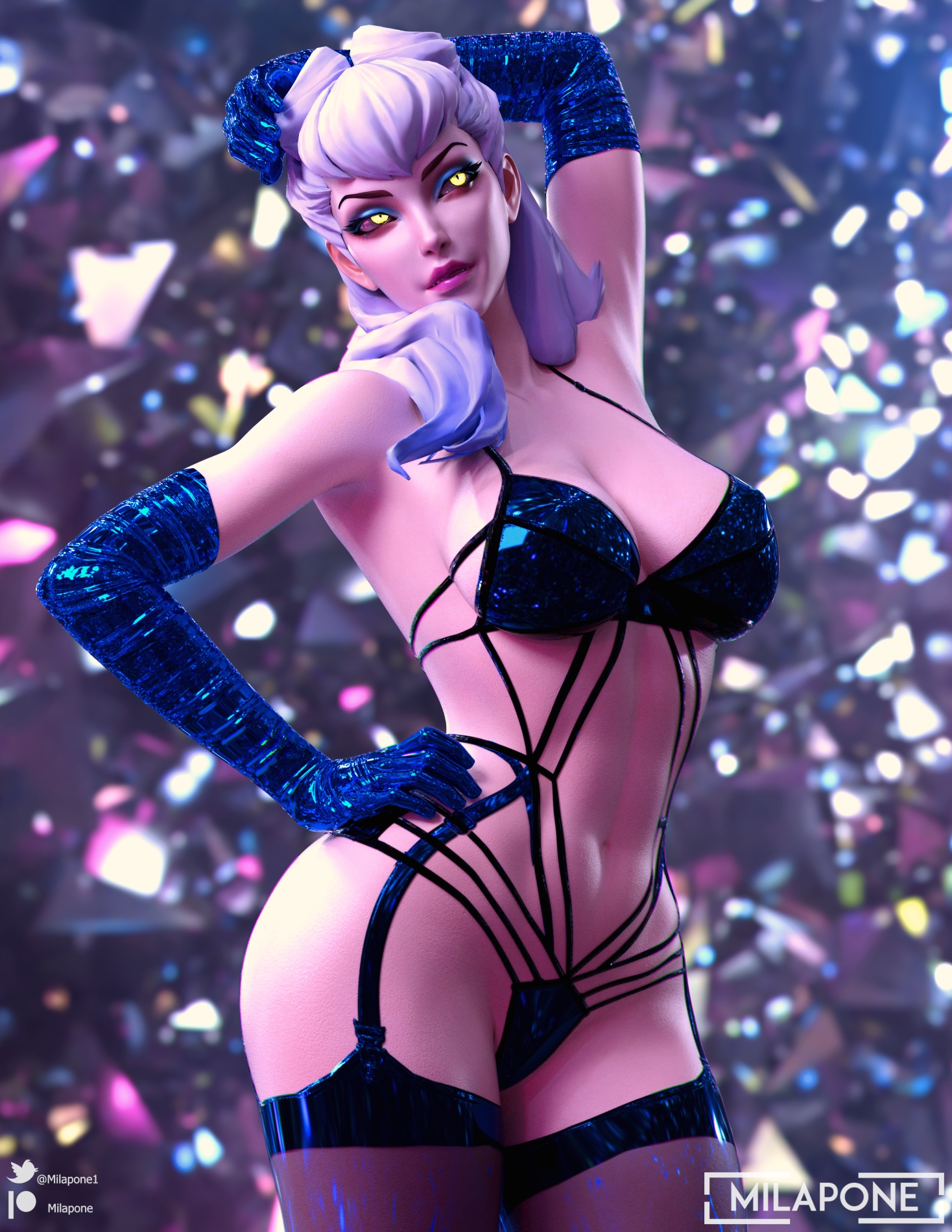 big breasts, bra, breasts, elbow gloves, evelynn, female, k/da all out evelynn, k/da all out series, league of legends, lingerie, looking up, milapone, no eyewear, seductive look, stockings, thick thighs