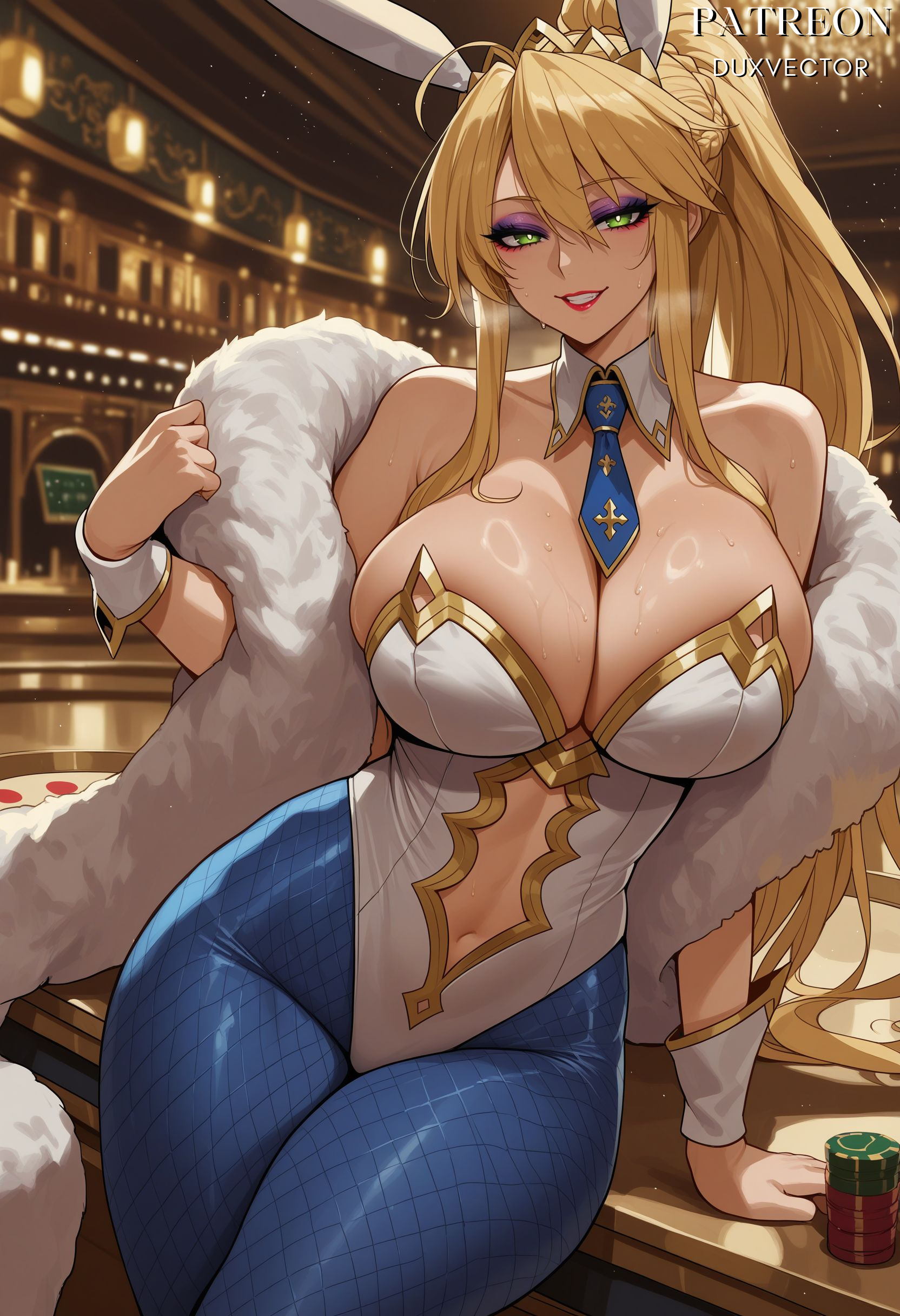 , 1girl, ahoge, ai generated, animal ears, arm support, artoria pendragon, artoria pendragon (fate), artoria pendragon (lancer), artoria pendragon (swimsuit ruler), artoria pendragon (swimsuit ruler) (fate), bangs, bare shoulders, blonde hair, blue necktie, blue neckwear, blue pantyhose, blush, braid, breasts, bunnysuit, casino, cleavage, clothing, clothing cutout, collarbone, detached collar, duxvector, eyeshadow, fake animal ears, fate (series), fate/grand order, feather boa, female, fishnet legwear, fishnet pantyhose, fishnets, french braid, green eyes, grin, hair between eyes, highleg, highleg leotard, indoors, large breasts, leotard, lips, lipstick, long hair, looking at viewer, makeup, navel, navel cutout, necktie, neckwear, pantyhose, parted lips, patreon username, playboy bunny, poker chip, ponytail, rabbit ears, red lips, short necktie, sidelocks, smile, solo, strapless, strapless leotard, sweat, table, thighs, tiara, white leotard, wrist cuffs