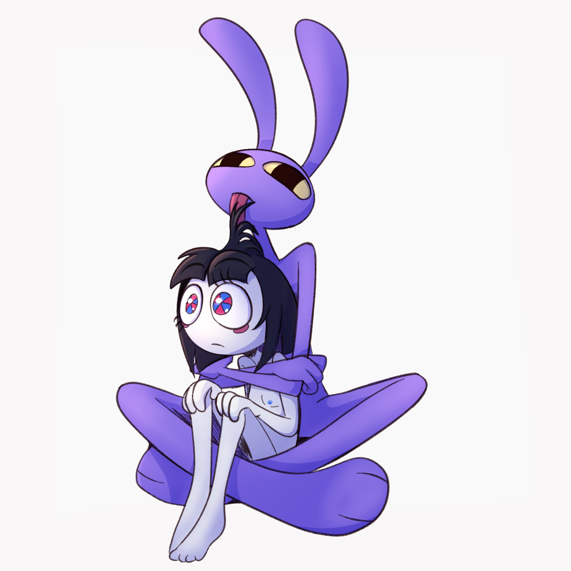 1boy, 1girls, anthro, barefoot, breasts, feet, female, furry, glitch productions, jax (the amazing digital circus), jester, jester girl, lagomorph, licking, licking hair, male, male/female, nipples, nude, pomni (the amazing digital circus), rabbit, screaming alice, size difference, the amazing digital circus, tongue, tongue out
