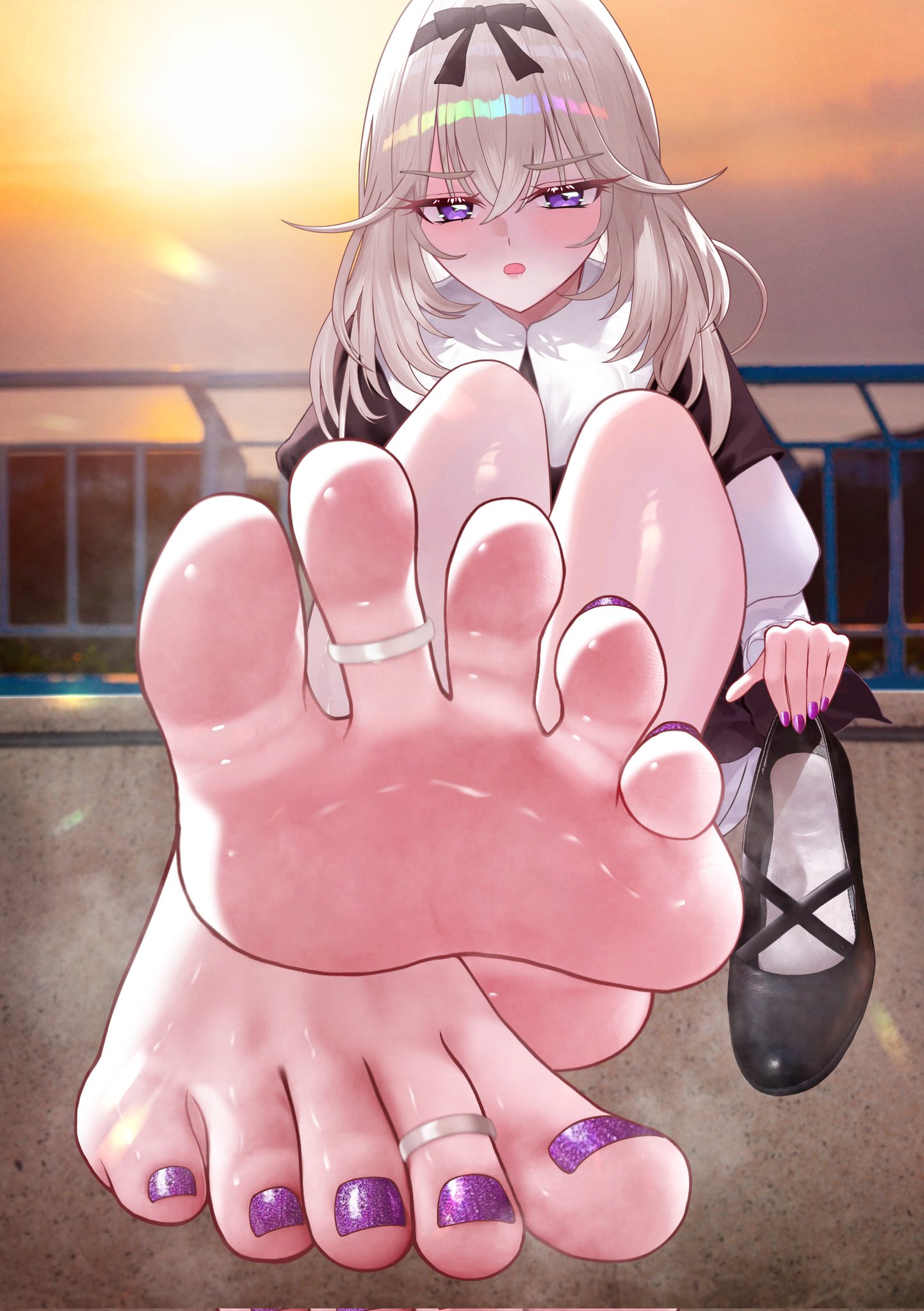 1girls, barefoot, blush, feet, female, foot fetish, foot focus, footwear, light skin, light-skinned female, moria luluka, mostly clothed, presenting feet, purple eyes, purple toenails, silver hair, soles, solo, star detective precure!, teasing, toe ring, toes, ursica