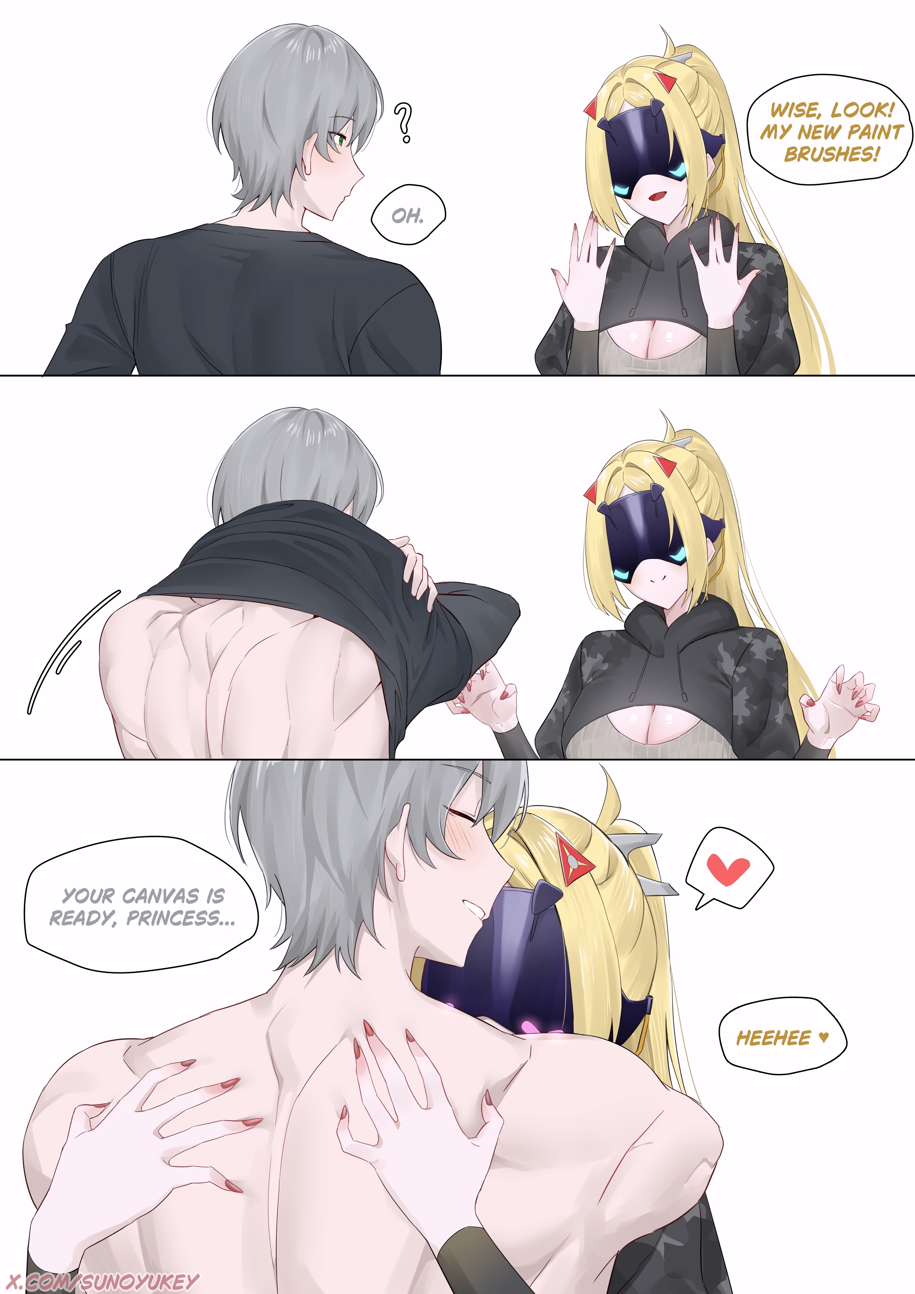 ?, 1boy, 1girls, blonde hair, boob window, comic, comic strip, english dialogue, english text, gray hair, heart symbol, hi res, highres, hoyoverse, huge breasts, hugging, long hair, mask, masked female, painted nails, pointy nails, ponytail, red nails, sharp nails, straight, sunoyukey, tied hair, trigger (zenless zone zero), undressing, wise (zenless zone zero), zenless zone zero