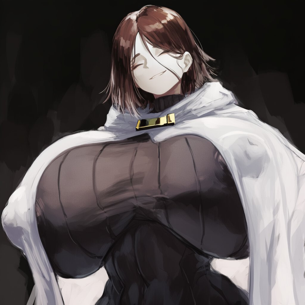 1girls, ai generated, big breasts, breasts, breasts bigger than head, brown hair, cape, cinderhee, eyelashes, eyes closed, female, female only, from below, hourglass figure, hourglass figured female, huge breasts, large breasts, library of ruina, moirai (library of ruina), nipple bulge, nipples, pale skin, pale-skinned female, project moon, robe, short hair, smile, smiling, smiling at viewer, solo, solo female, sweater, tagme, white robe