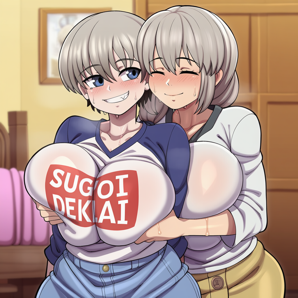 , 2girls, ai generated, bangs, blue eyes, blush, breast grab, breasts, closed eyes, clothes writing, collarbone, denim, grabbing, grabbing from behind, grey hair, grin, hair between eyes, huge breasts, incest, indoors, long hair, mature female, mongrealai, mother and daughter, multiple girls, raglan sleeves, shirt, short hair, skirt, smile, sweat, uzaki hana, uzaki tsuki, uzaki-chan wa asobitai!, yuri