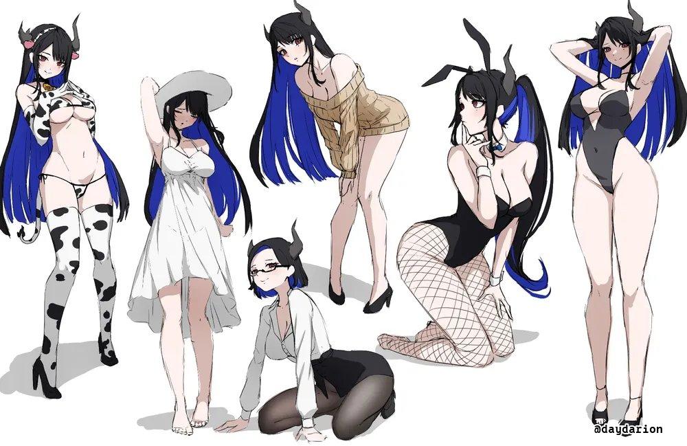 1girls, 2d, 2d (artwork), 2d artwork, adult, adult female, arm behind head, arm support, armpit, armpit crease, armpit peek, armpits, arms behind head, beach hat, belly, belly button, big boobs, big breasts, bikini, bikini bottom, bikini top, black bunny ears, black bunnysuit, black footwear, black hair, black hairband, black high heels, black horn, black horns, black legwear, black leotard, black pantyhose, black shoes, black skirt, black stockings, black tights, black topwear, black-haired female, blue bowtie, blue hair, blue-haired female, bowtie, breasts, breasts apart, brown sweater, brown topwear, bunny costume, bunny ears, bunnygirl, bunnygirl outfit, bunnysuit, busty, busty female, busty girl, calves, cleavage, closed mouth smile, clothes, collar, collarbone, cow print, cow print armwear, cow print bikini, cow print legwear, cow print stockings, cow print swimsuit, cow print thigh highs, cow print thighhighs, cowprint, cowprint armwear, cowprint bikini, cowprint legwear, cowprint swimsuit, cowprint thighhighs, curvaceous, curvaceous body, curvaceous female, curvaceous figure, curvaceous hips, curvy, curvy body, curvy female, curvy figure, curvy hips, dayyo (daydarion/day-chan), digital, digital art, digital drawing, digital drawing (artwork), digital media, digital media (artwork), drawing, dress, female, female focus, female only, fingers, fishnet legwear, fishnet pantyhose, fishnet stockings, fishnet tights, footwear, full body, glasses, glasses on face, glasses on head, groin, hairless armpits, halterneck, hand behind head, hand on leg, hand on own leg, hand on own thigh, hand on thigh, hands behind head, hat, head tilt, high heels, highleg leotard, hip dips, hololive, hololive english, horn, horns, hourglass figure, inframammary fold, inguinal crease, inguinal ligament, kneeling, kneeling female, kneeling on floor, kneeling on ground, knees, knees together, knees together feet apart, large boobs, large breasts, lean figure, leaning, leaning forward, legs, legs closed, legs folded, legs together, legs together feet apart, legwear, leotard, light smile, long hair, looking at viewer, mature, mature female, medium hair, midriff, milk maid, multiple versions, multiple versions in one image, narrow waist, navel, nerissa ravencroft, nerissa ravencroft (casual), outfit, pantyhose, ponytail, posing, posing for the viewer, posing naked, posing nude, presenting armpit, profile, red eyes, red-eyed female, seiza, semi-rimless glasses, shaved armpits, shirt, shoes, shoulders, sidelocks, simple background, sitting, sitting on floor, sitting on ground, sitting on knees, skirt, slender body, slender waist, slight smile, slim female, slim waist, smile, smiley face, smiling, smiling at viewer, solo, standing, stockings, string bikini, sundress, sweater, swimsuit, swimwear, thick thighs, thigh gap, thighs, thighs together, thong bikini, tights, tilted head, topwear, touching leg, touching thigh, under-rim glasses, underboob, very long hair, very long hair female, virtual youtuber, voluptuous, voluptuous body, voluptuous female, voluptuous figure, voluptuous woman, vtuber, vtuberfanart, white background, white bikini, white bikini bottom, white bikini top, white clothes, white collar, white dress, white outfit, white shirt, white swimsuit, white swimwear, white topwear, white wrist cuffs, wide hips, wrist cuffs