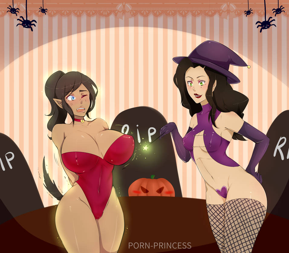 2girls asami_sato avatar_legends avatar_the_last_airbender biting_lip black_hair blue_eyes blush brown_hair canon_couple chocolate_and_vanilla choker dark-skinned_female erect_nipples female female_only gloves green_eyes halloween halloween_costume hourglass_figure huge_breasts interracial korra leotard light-skinned_female lingerie magic multiple_girls porn-princess pumpkin smooth_skin the_legend_of_korra thick_thighs thighhighs witch_hat yuri