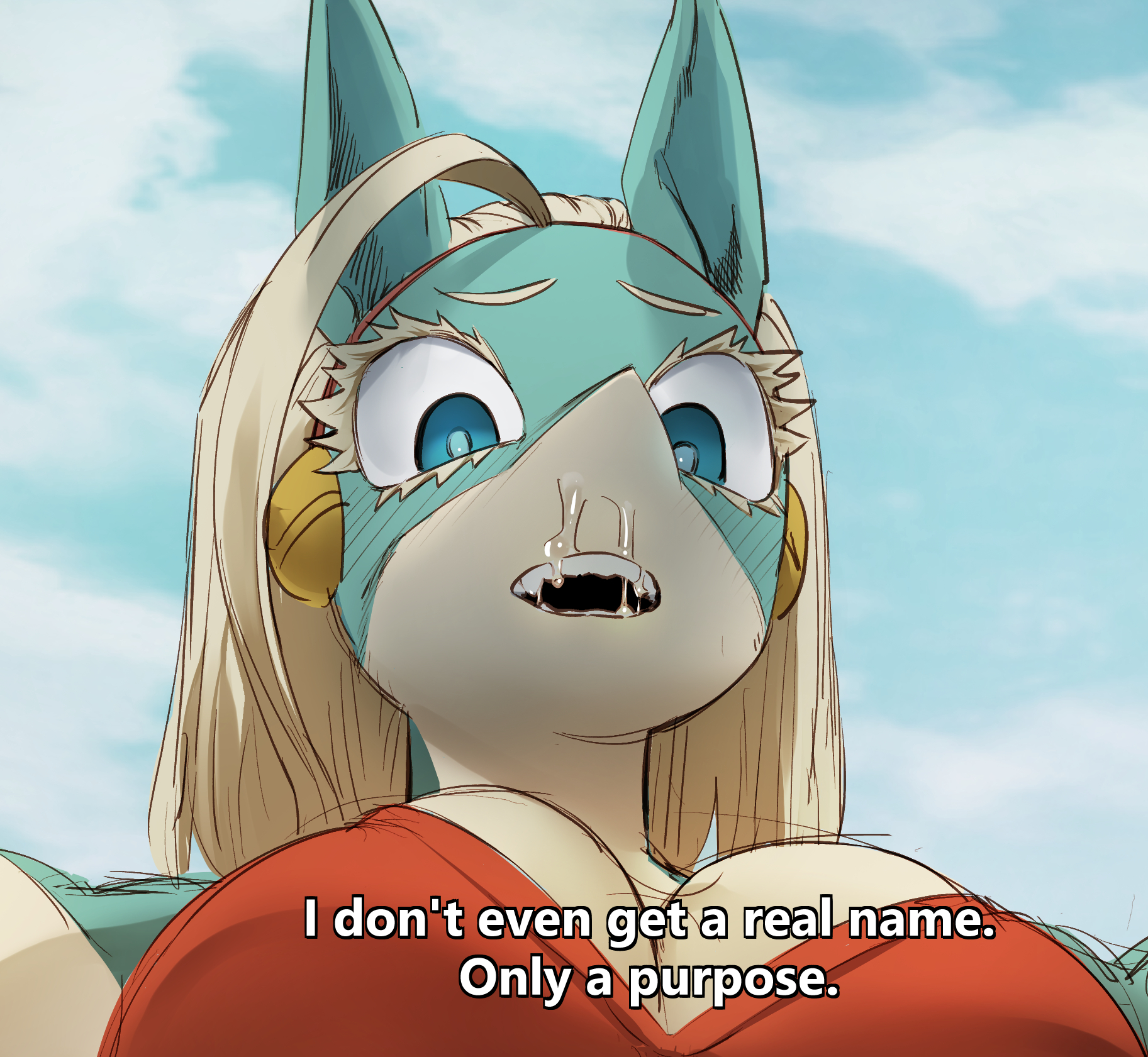 1girls, amano44, animal ears, anthro, beach, bikini, blonde hair, blue eyes, blue fur, bra, breasts, cleavage, door, doorway, female, giantess, glowing eyes, headwear, ippan josei, large breasts, large female, long hair, looking at viewer, meme, mini giantess, my hero academia, ominous, panties, quirk (mha), scary, snapchat, snout, solo focus, tall female, text, text bubble, two-tone body, underwear, underwear only, white fur