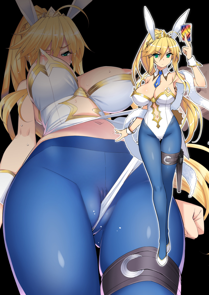 ahoge animal_ears artoria_pendragon artoria_pendragon_(all) artoria_pendragon_(swimsuit_ruler) bare_shoulders black_background blonde_hair blue_legwear blue_neckwear blush breasts bunny_ears cameltoe card closed_mouth covered_navel cowboy_shot crown eyebrows_visible_through_hair fake_animal_ears fate/grand_order fate_(series) female green_eyes hair_between_eyes hand_up holding holding_card holster huge_breasts large_breasts leotard leotard_lift long_hair looking_at_viewer multiple_views namonashi navel necktie nipples pantyhose ponytail scarf short_necktie simple_background solo_focus standing sweat thigh_holster thigh_strap very_long_hair white_leotard wristband