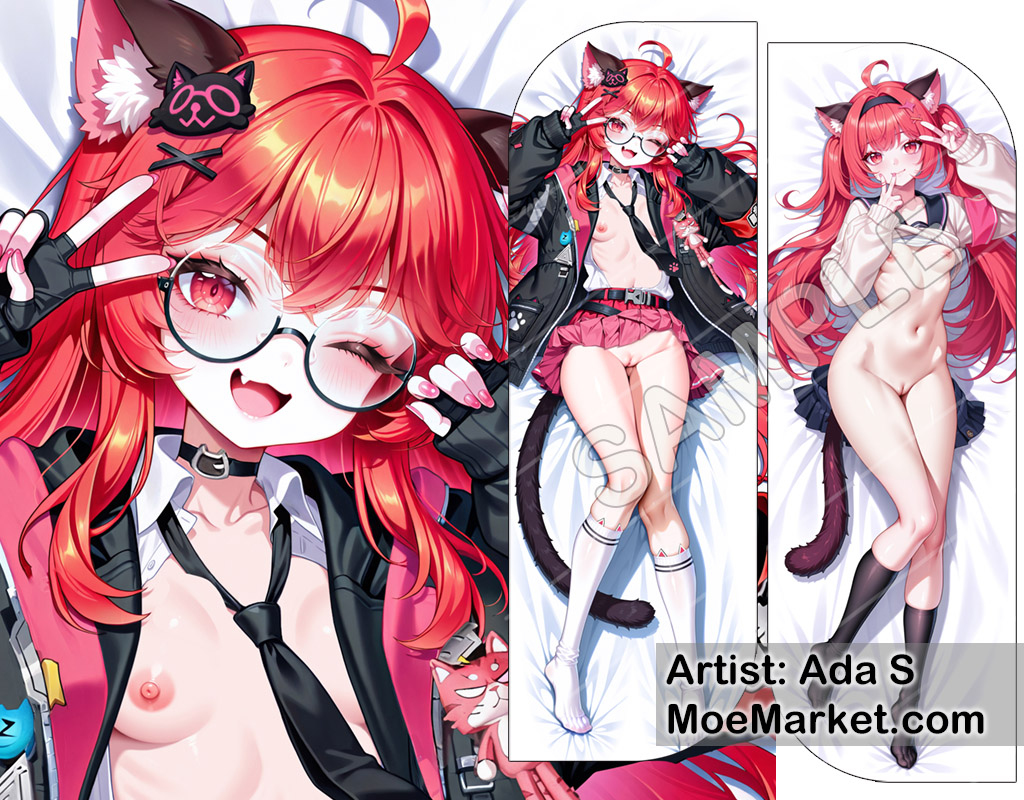 animal ears, black choker, black jacket, black necktie, cat ears, cat tail, dakimakura, dakimakura design, female, female only, glasses, looking at viewer, nanally (neverness to everness), neverness to everness, red hair, stuffed toy