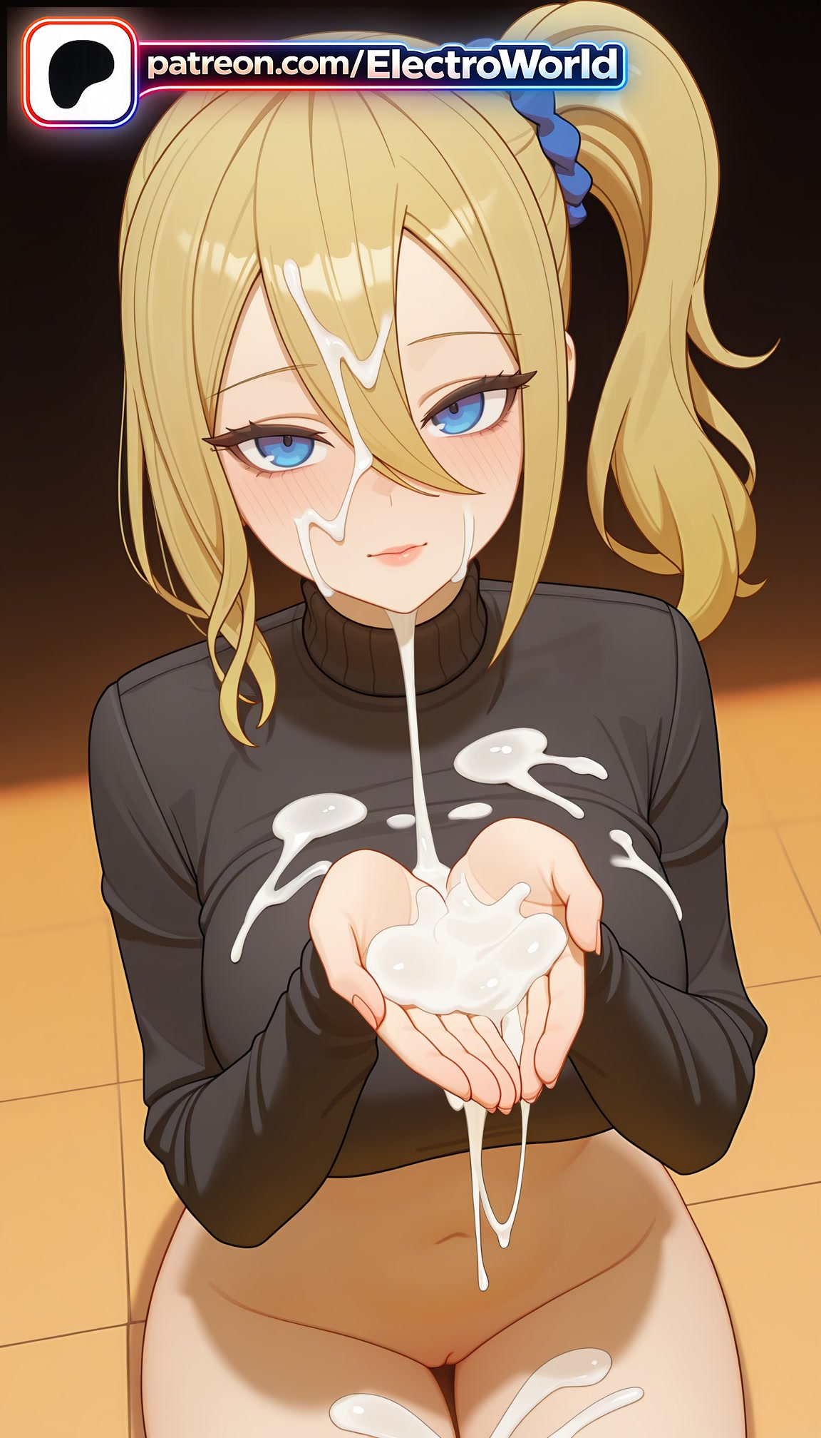 1girl, 1girls, 2026, ai generated, artist name, blonde hair, blue eyes, blue scrunchie, blush, boobs, breasts, bukkake, bust, chest, cum, cum on body, cum on breasts, cum on clothes, cum on hair, cum on hands, ejaculation, electroworld, facial, hair between eyes, hair ornament, hair scrunchie, hayasaka ai, hi res, high quality, high resolution, highres, kaguya-sama wa kokurasetai ~tensai-tachi no renai zunousen~, mole, patreon, patreon username, scrunchie, side ponytail, solo, stable diffusion, sweater, tile floor, tiles, tits, watermark