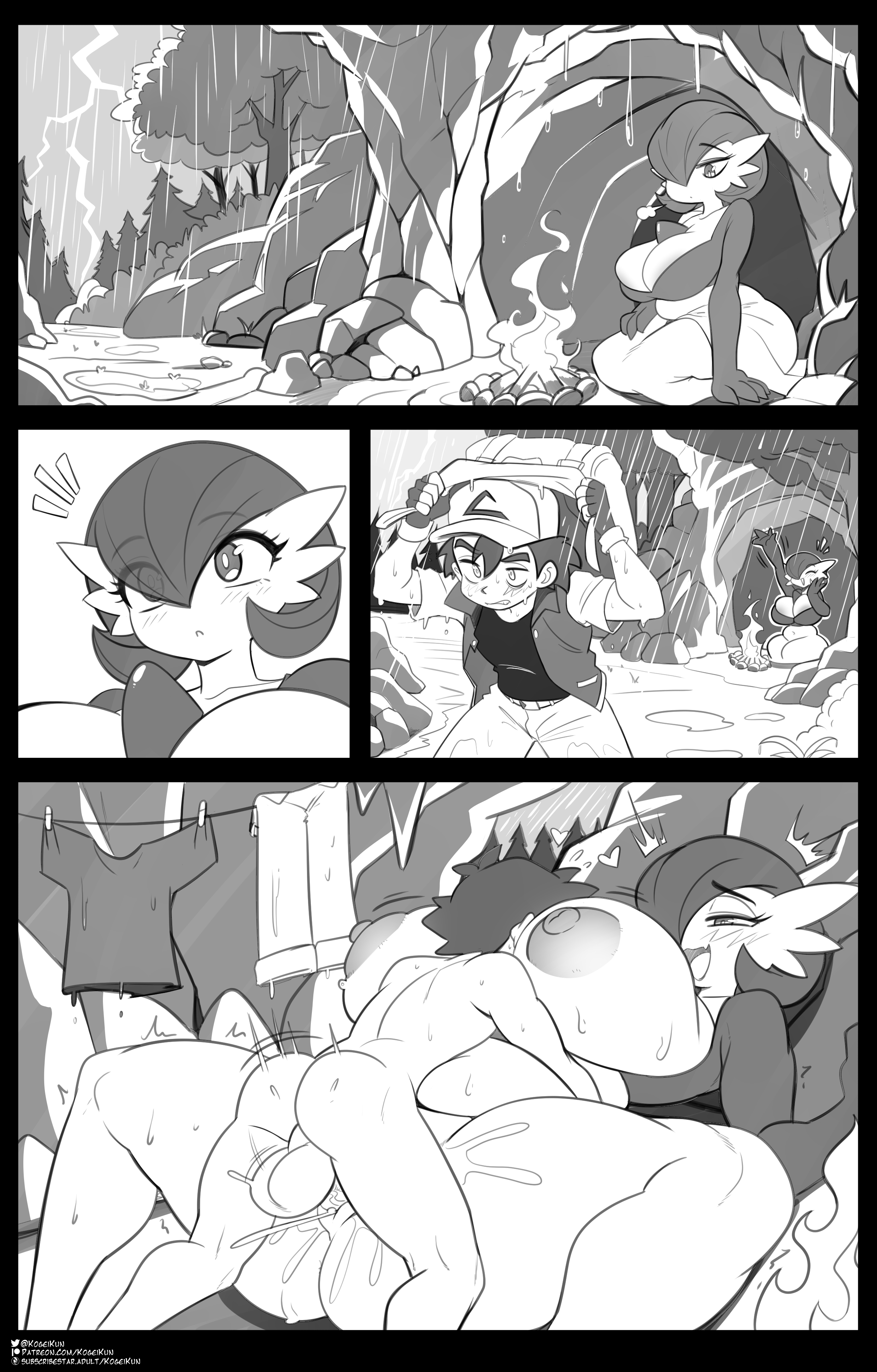 anthro, ash ketchum, balls, big breasts, black and white, breasts, breeding, campfire, cave, claiming, comic page, creampie, cum, cum in pussy, cum in vagina, cum inside, face between breasts, gardevoir, huge breasts, kogeikun, making babies, male/female, pokemon, pokemon (species), rain, raining, raw sex, sex, straight, straight sex, thick thighs, unprotected sex
