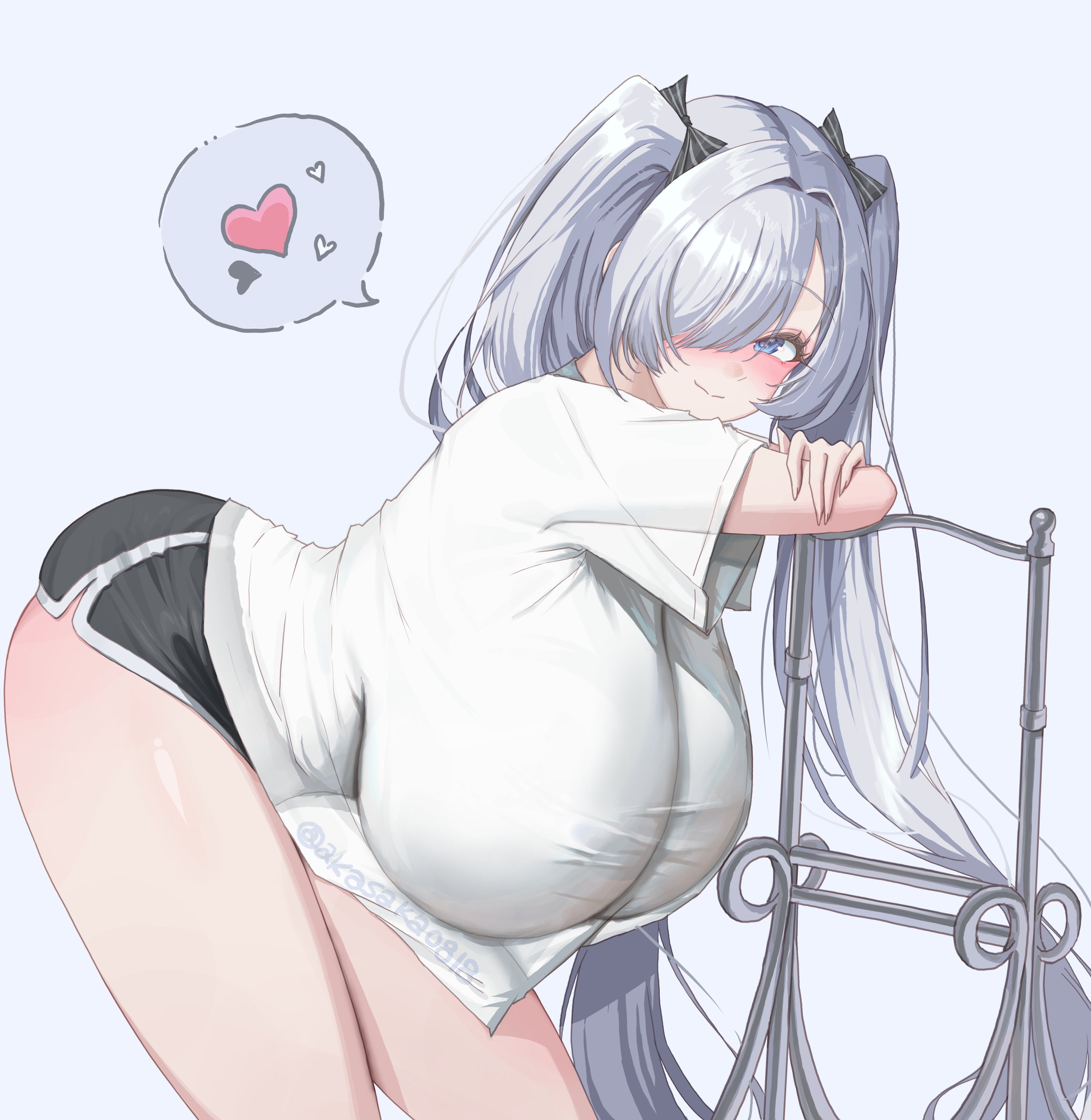 1girls, ass, bent over, big breasts, blue eyes, blush, bow, breasts, breasts bigger than head, cinderella (nikke), female, female only, fingers, fully clothed, goddess of victory: nikke, heart, kiki (akasaka0818), looking at viewer, loose clothes, shirt, short shorts, speech bubble, tagme, thighs, twintails