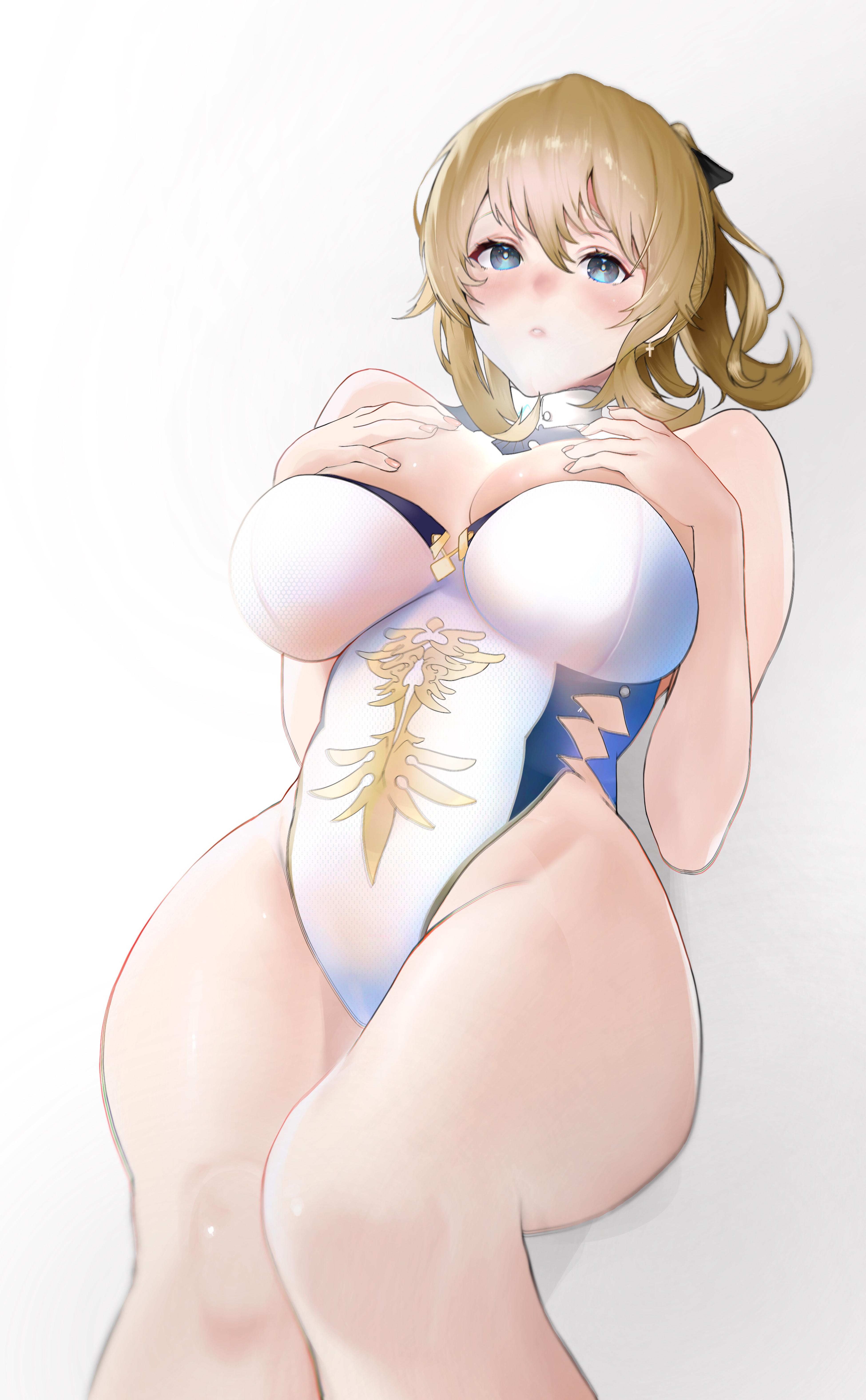 absurd res, absurdres, bangs, bare shoulders, blonde hair, blue eyes, blush, breasts, cleavage, detached collar, earrings, female, genshin impact, hair between eyes, hands on own chest, highleg, highleg swimsuit, highres, jean gunnhildr, jewelry, large breasts, looking at viewer, minoru amayi, one-piece swimsuit, ponytail, sidelocks, swimsuit, thighs, white swimsuit
