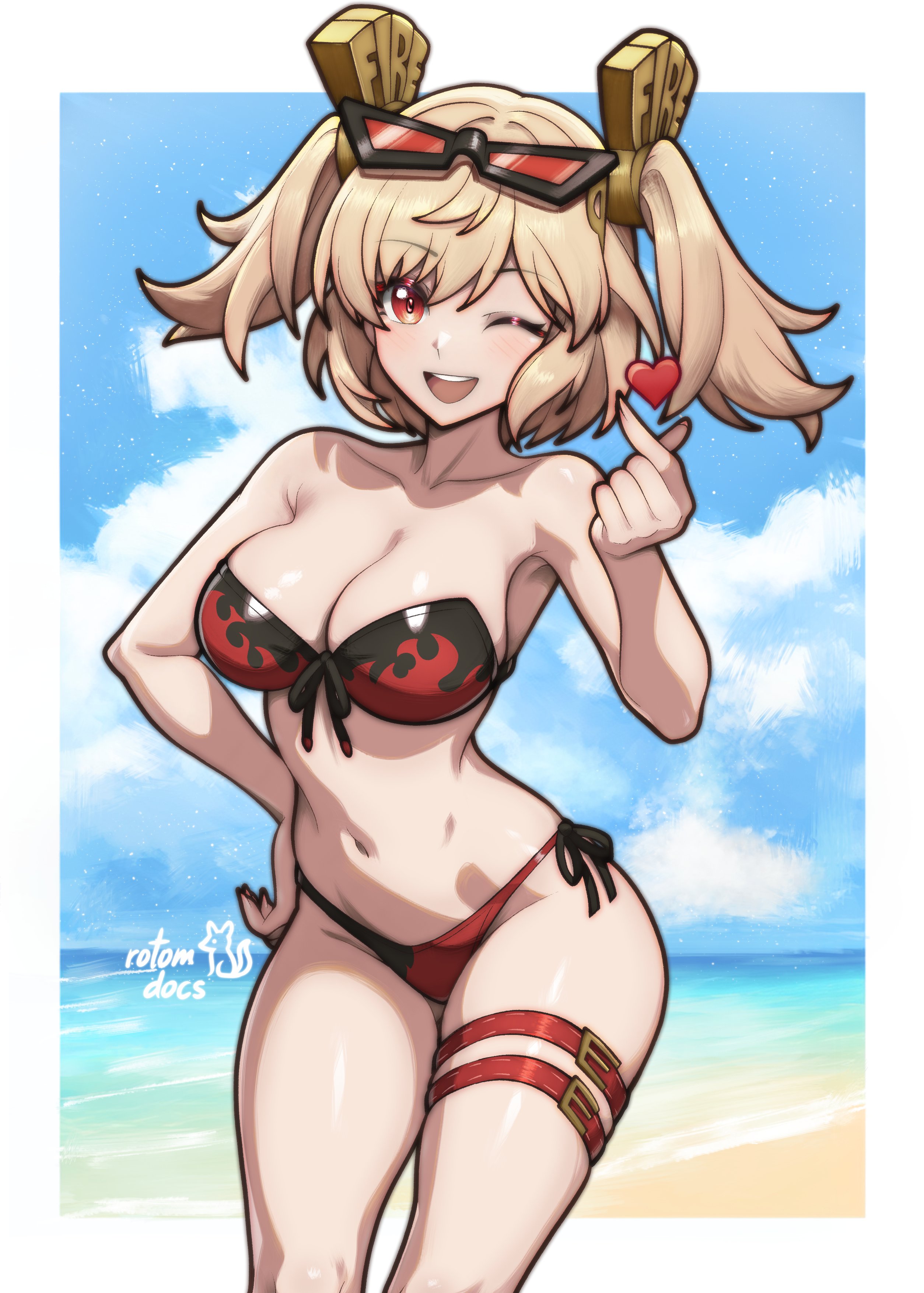 ;o, :o, 1girl, absurdres, artist name, beach, belt, bikini, blonde hair, blue sky, border, breasts, burnice white, commentary, english commentary, eyewear on head, gift art, heart, highres, large breasts, looking at viewer, midriff, multicolored bikini, navel, one eye closed, outdoors, red eyes, rotomdocs, short hair, sky, smile, solo, sunglasses, swimsuit, thigh belt, thigh strap, thighs, twintails, two-tone bikini, white border, zenless zone zero