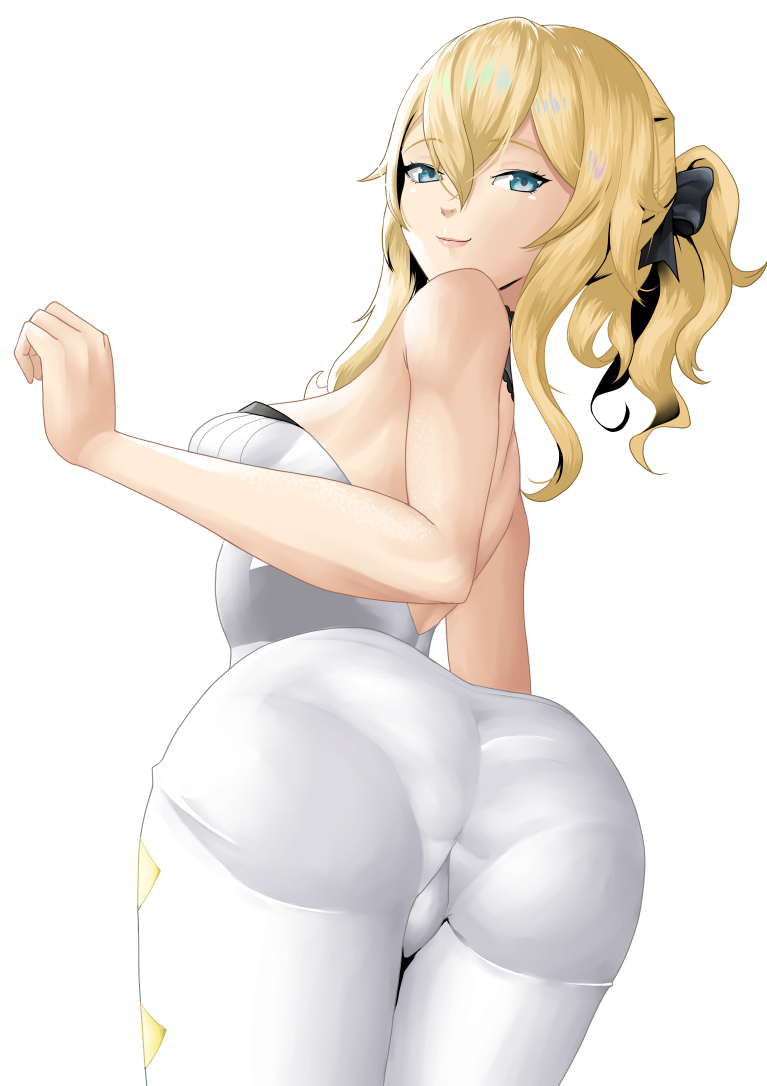 1girls, ass, ass focus, ass up, big ass, big butt, blonde hair, blue eyes, butt focus, female, genshin impact, jean gunnhildr, looking at viewer, looking back, pantyhose, ponytail, smile