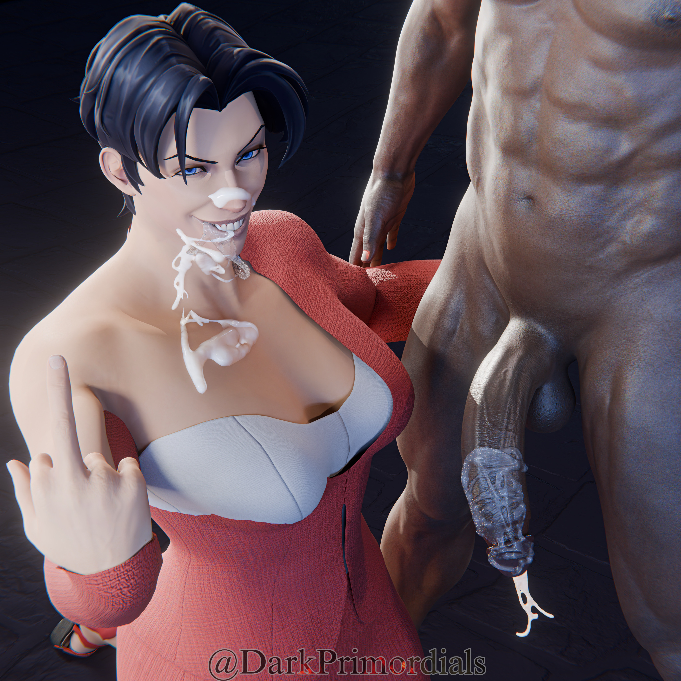 3d, 3d (artwork), 3d model, 3d render, agressive, anissa, blender, blender (software), blowjob face, cum in mouth, cum on body, cum on face, dark skin, dark-skinned male, darkprimordials, flipping off, interracial, interspecies, invincible, invincible vs, middle finger, official alternate costume, smiling, viltrumite, white-skinned female