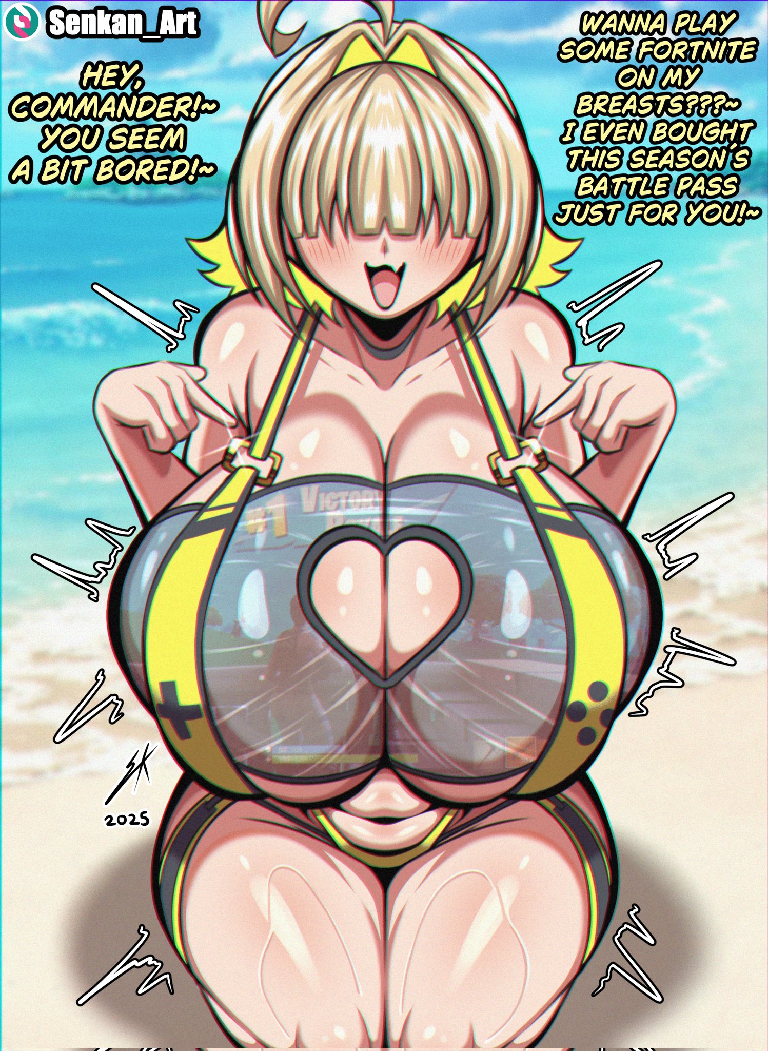 ahoge, big breasts, blonde hair, breasts, cleavage, cleavage cutout, elegg (boom and shock) (nikke), elegg (nikke), goddess of victory: nikke, hair over eye, huge breasts, senkan art, sling bikini, text, yellow bikini, yellow highlights