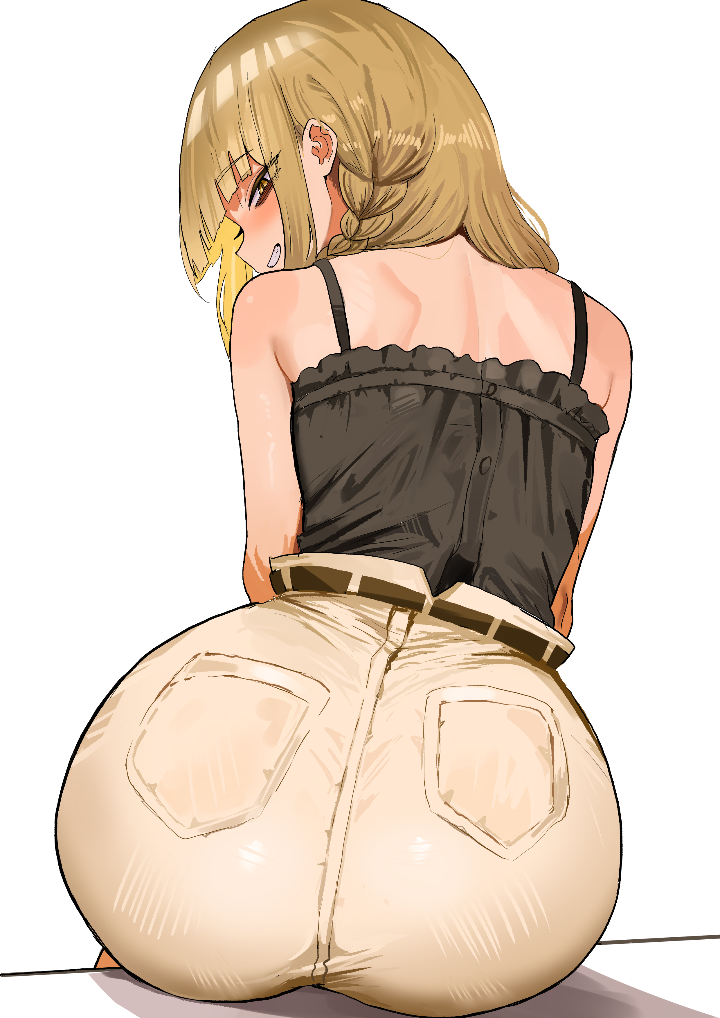 absurdres, aged up, alternate hairstyle, ass, big ass, black shirt, blonde hair, blush, boku no hero academia, braid, commentary, english commentary, from behind, grin, highres, himiko toga, medium hair, my hero academia, pants, shirt, simple background, single braid, sleeveless, sleeveless shirt, smile, solo, toga himiko, white background, yellow eyes, yellow pants, zd (pixiv6210083)