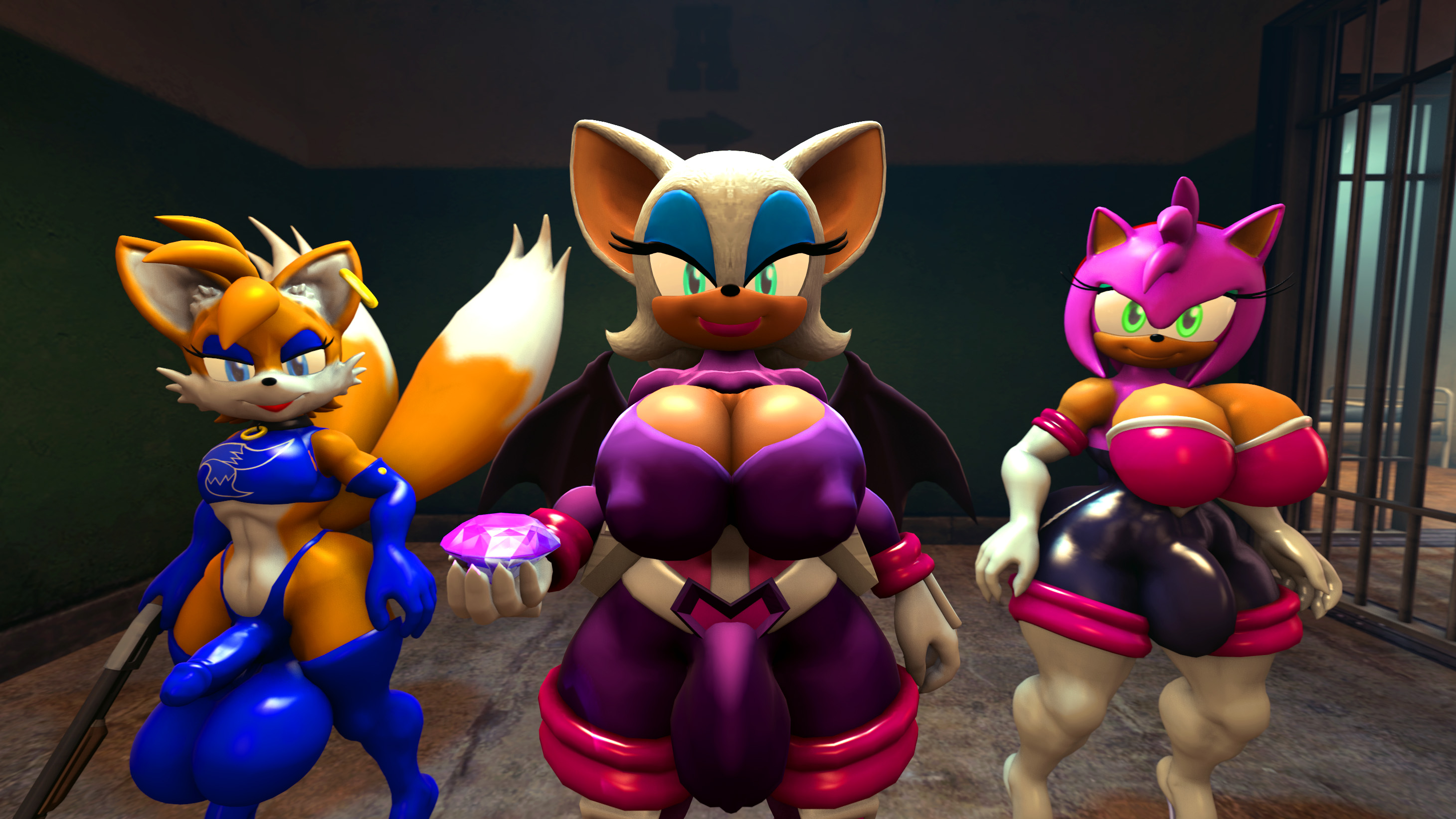 1boy, 2futas, 3d, 3d (artwork), 3d model, alternate breast size, amy rose, amy rouge, amy the bat, anthro, balls, bat, blue eyes, blue eyeshadow, breasts, bulge, chaos emerald, crop top, femboy, feminine male, fox, furry, furry only, futa only, futanari, green eyes, hedgehog, huge balls, huge breasts, huge cock, hyper, hyper balls, hyper breasts, intersex, looking at viewer, male, mobian, mobian (species), mobian bat, orange fur, penis, pink fur, pink lipstick, red lipstick, rouge the bat, rouge the bat (cosplay), rouge the bat (heroes), sega, shocking (artist), sonic (series), sonic adventure 2, sonic heroes, sonic the hedgehog (series), source filmmaker, tails, tails the fox, teal eyes, thick thighs, white fur