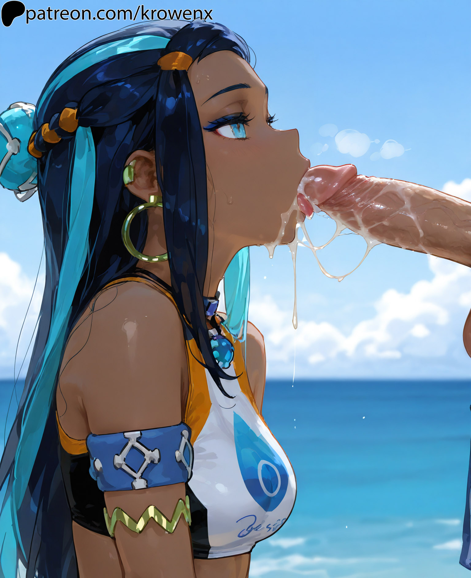 , 1girls, ai generated, aqua eyes, blowjob, blush, cum, cum drip, fellatio, female, from side, krowenx, long hair, multicolored hair, nessa (pokemon), penis, pokemon, tongue, uncensored