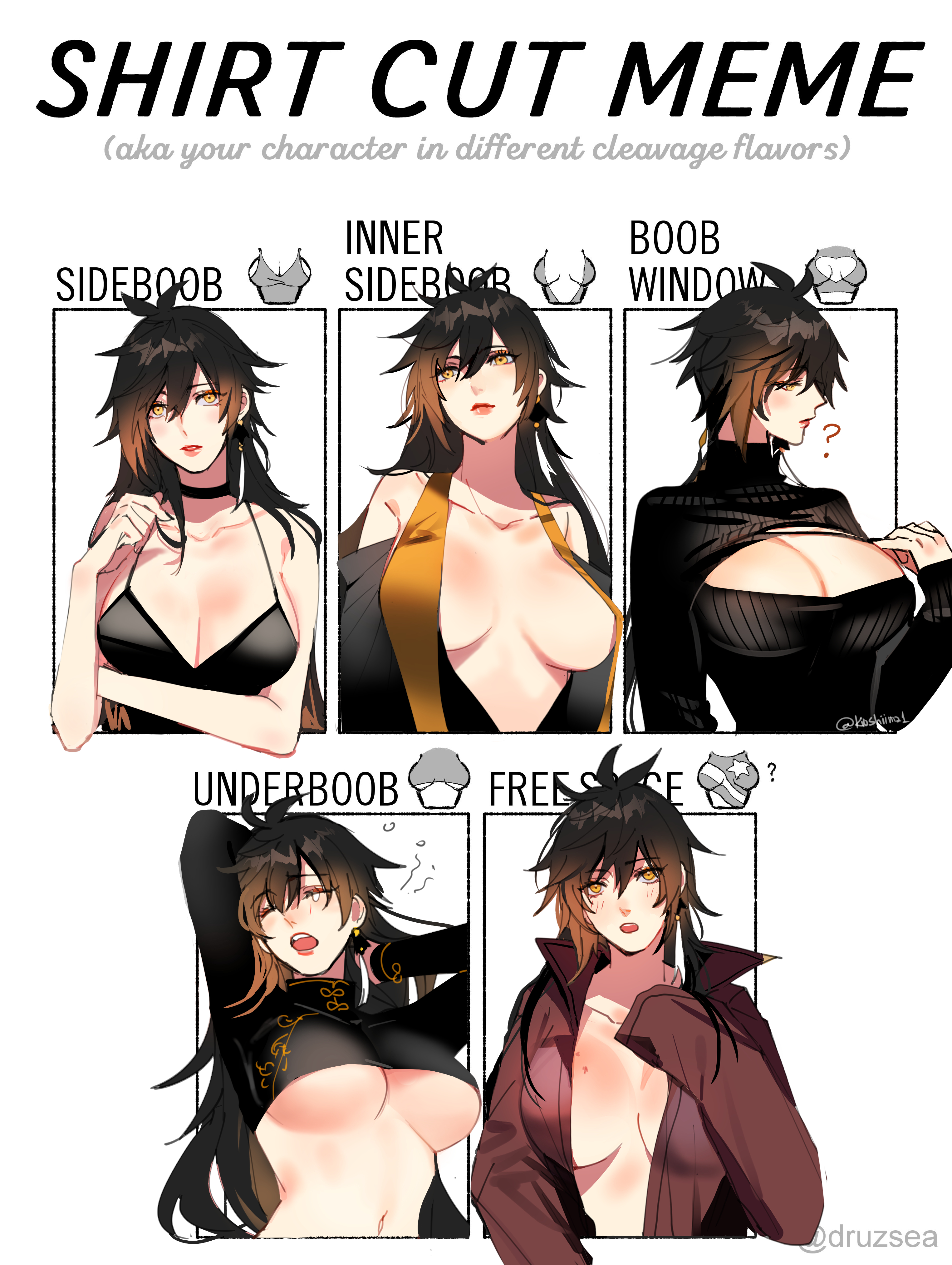 ?, absurdres, bangs, bite mark, black hair, blush, breasts, brown hair, choker, closed mouth, clothing request, collarbone, collared jacket, earrings, english text, eyeliner, eyeshadow, female, genderswap, genderswap (mtf), genshin impact, gradient hair, hair between eyes, highres, jewelry, kio (cua tribal), large breasts, long hair, long sleeves, looking at viewer, makeup, midriff, multicolored hair, multiple views, navel, open mouth, red eyeshadow, rule 63, shirt cut meme, shrug (clothing), simple background, single earring, smile, sweater, symbol commentary, tassel, tassel earrings, white background, yawning, yellow eyes, zhongli (genshin impact), zhongli jiejie