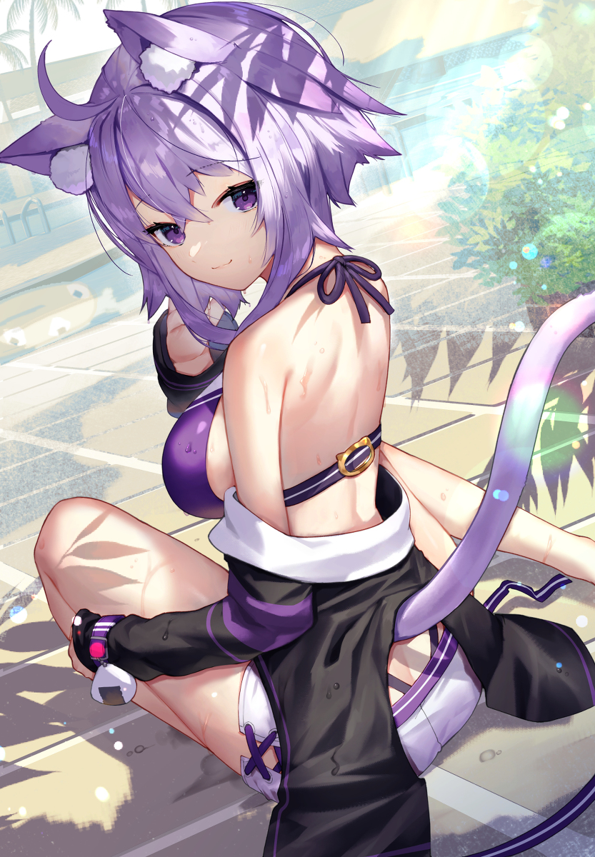 ass, back, back view, bangs, behind view, blush, bracelet, breasts, cat ears, cat girl, cat tail, catgirl, female, hololive, hololive gamers, hololive japan, kemonomimi, looking at viewer, looking back, nekomata okayu, pool, poolside, purple eyes, purple hair, short hair, shoulder blades, shoulders, sideboob, smile, smiling, swimsuit, tail, tree, virtual youtuber, water, wet